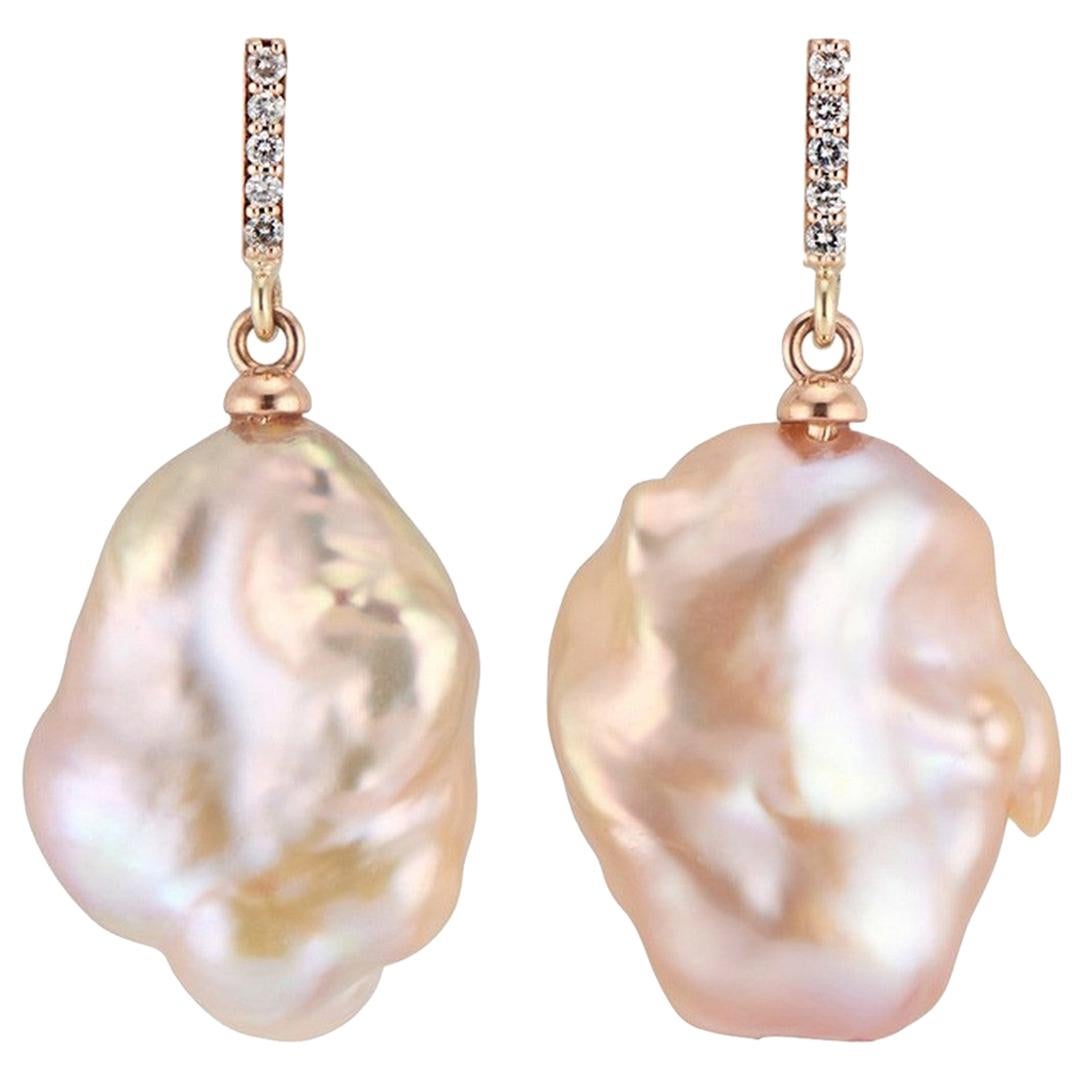 14 Karat Rose Gold Vertical Diamond Bar Baroque Pearl Earrings