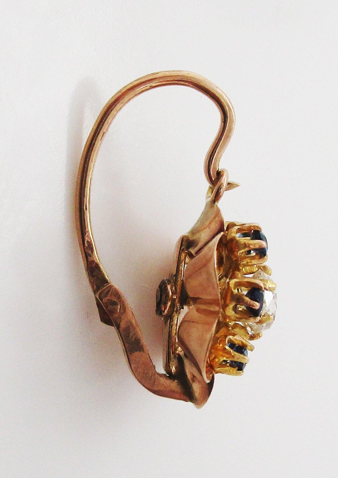 Women's or Men's 14 Karat Rose Gold Victorian Mine Cut Diamond and Sapphire Flower Drop Earrings
