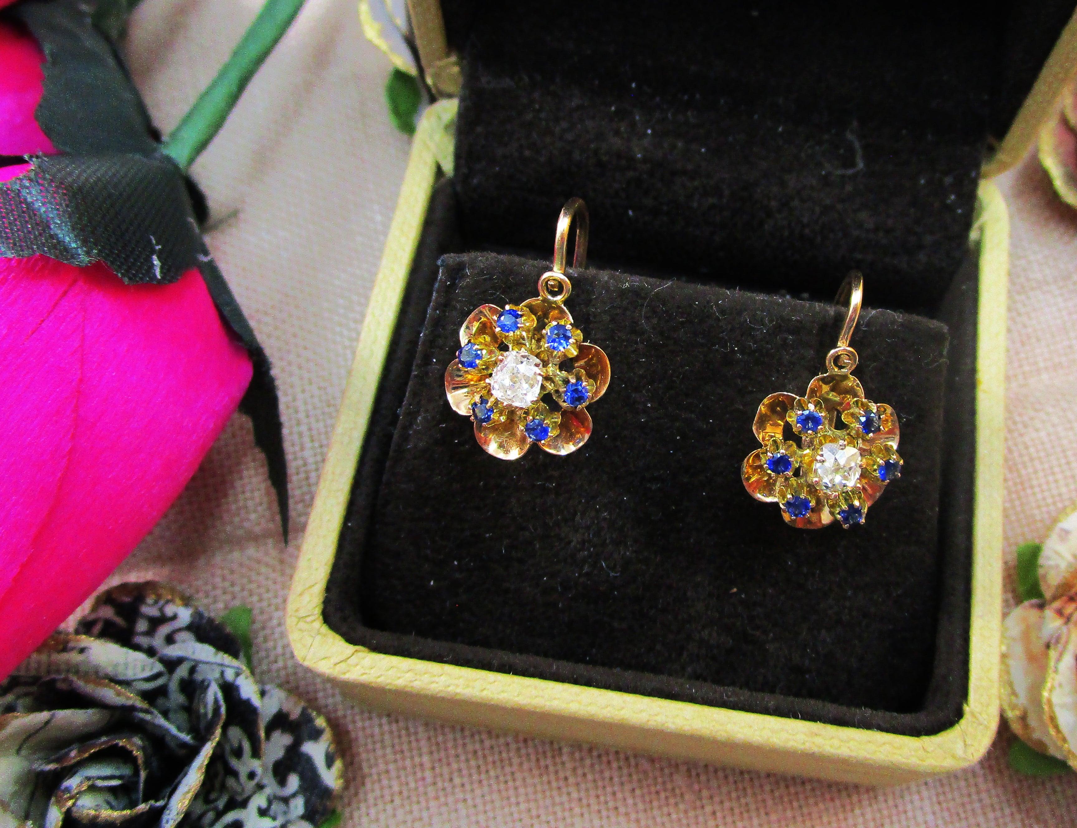 14 Karat Rose Gold Victorian Mine Cut Diamond and Sapphire Flower Drop Earrings 1