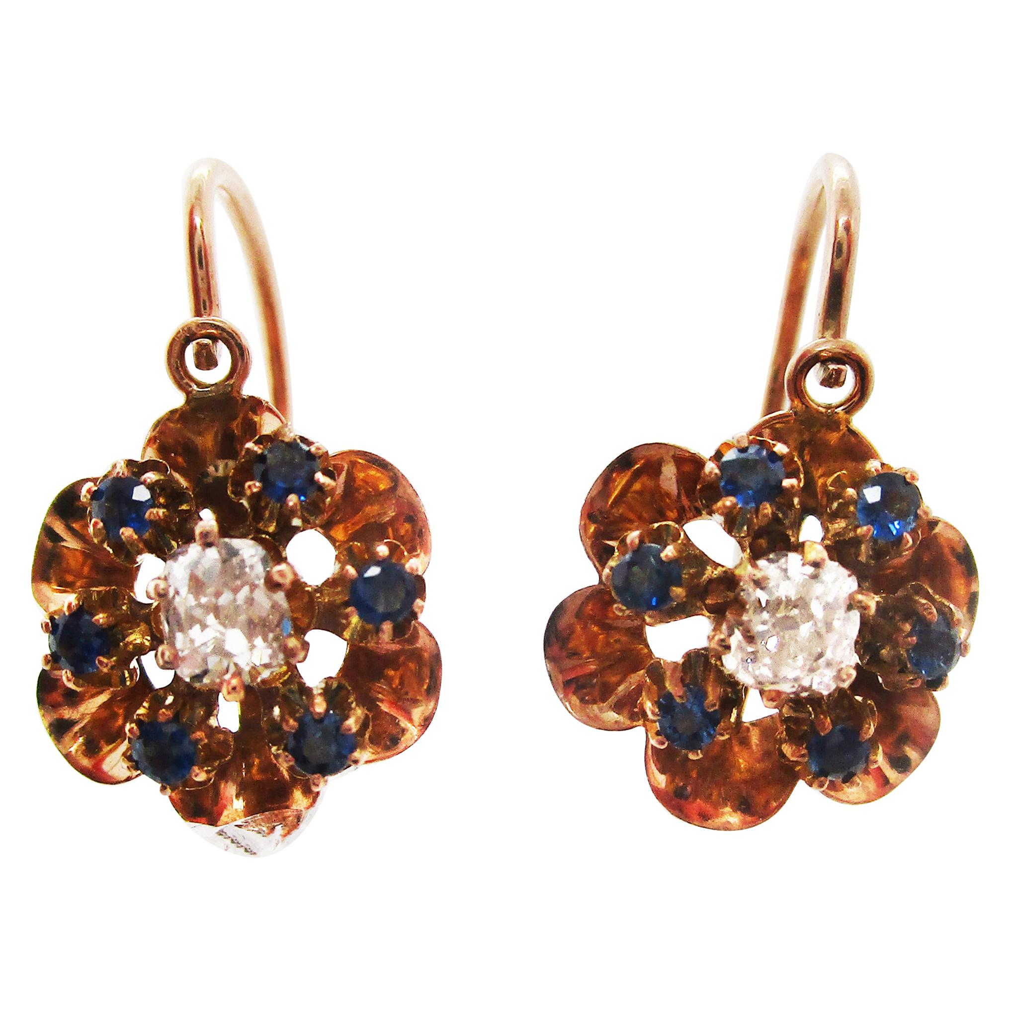 14 Karat Rose Gold Victorian Mine Cut Diamond and Sapphire Flower Drop Earrings