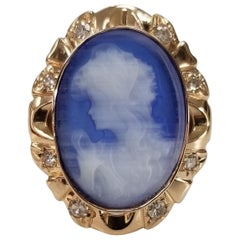 14 Karat Rose Gold Vintage Agate "Cateye" Cameo with Diamonds