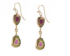 14 Karat Rose Gold Watermelon Tourmaline Slice Dangle Earrings
