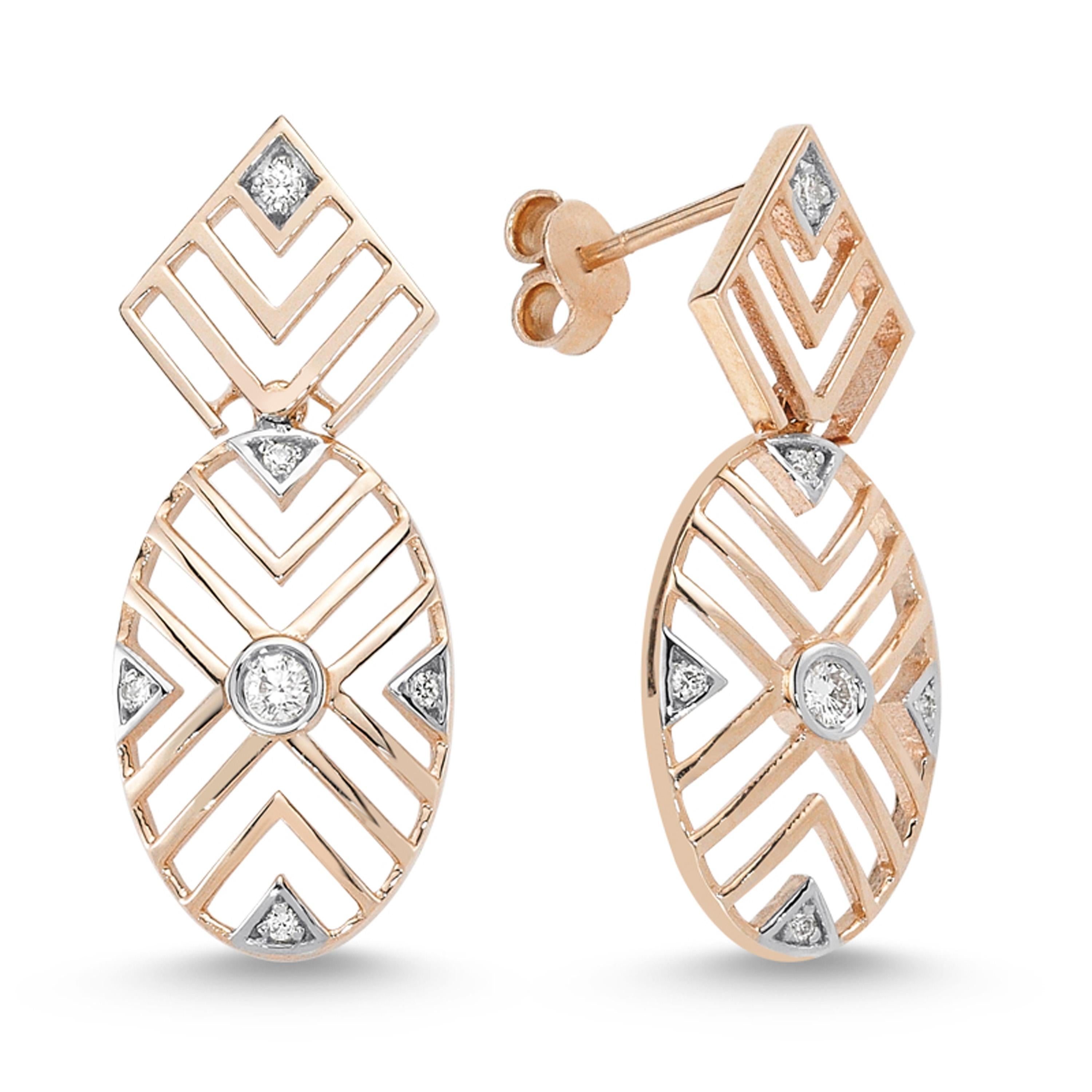 Contemporary 14 Karat Rose Gold White Diamond Geometria Oval Earrings For Sale