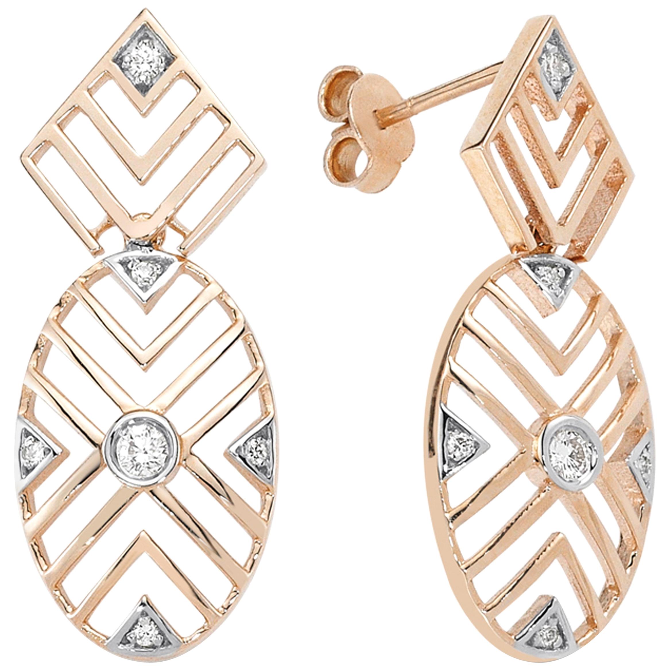 14 Karat Rose Gold White Diamond Geometria Oval Earrings For Sale