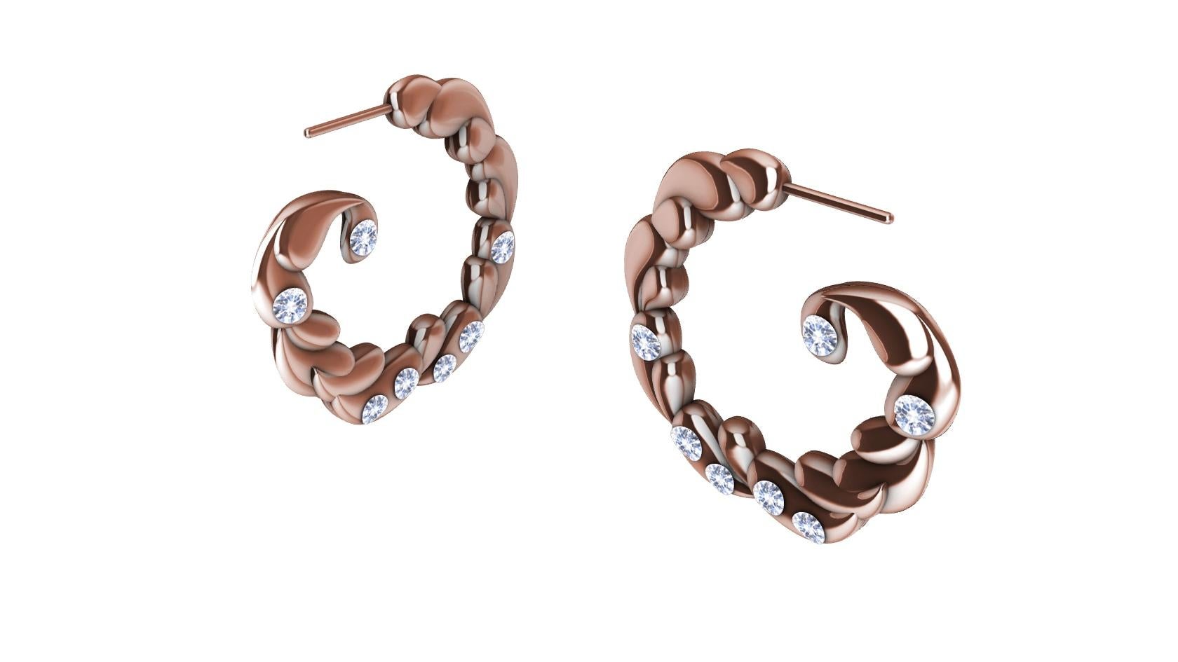 Contemporary 14 Karat Rose Gold & White Sapphires Wave Drop Hoop Earrings For Sale
