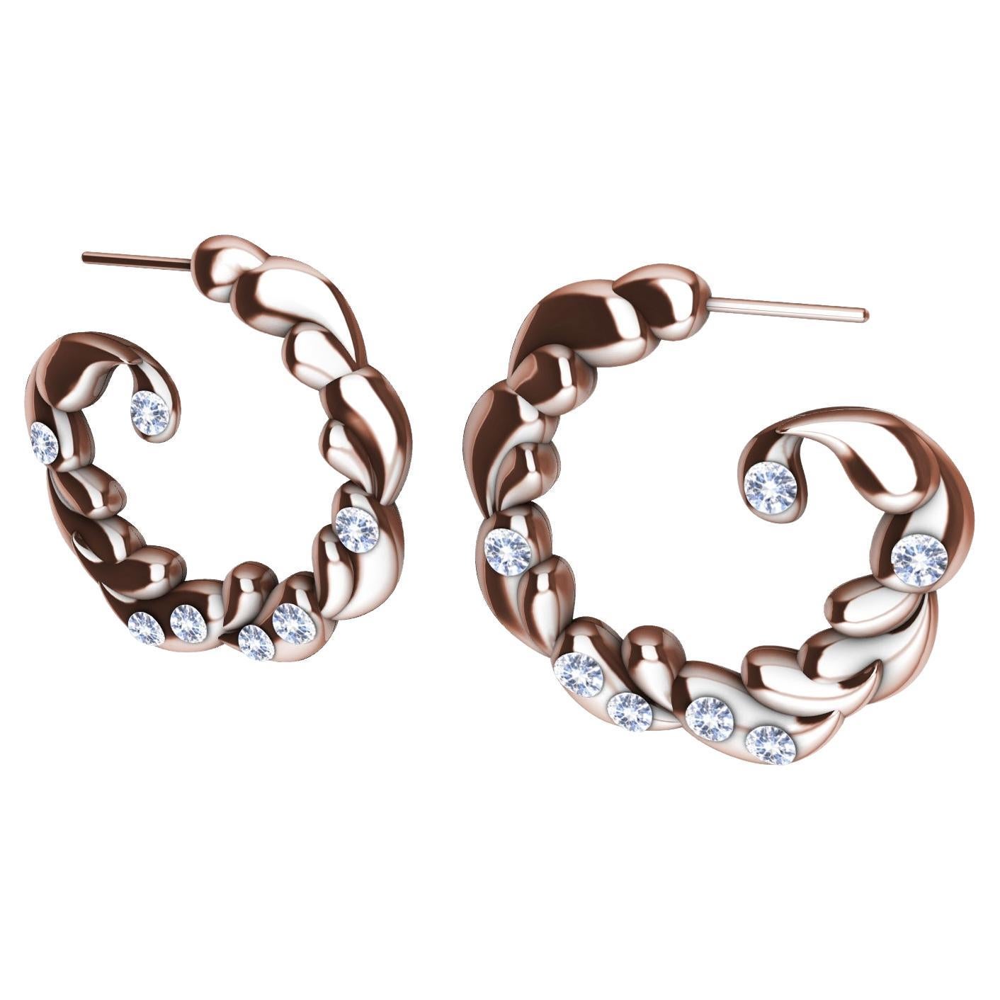 14 Karat Rose Gold & White Sapphires Wave Drop Hoop Earrings For Sale