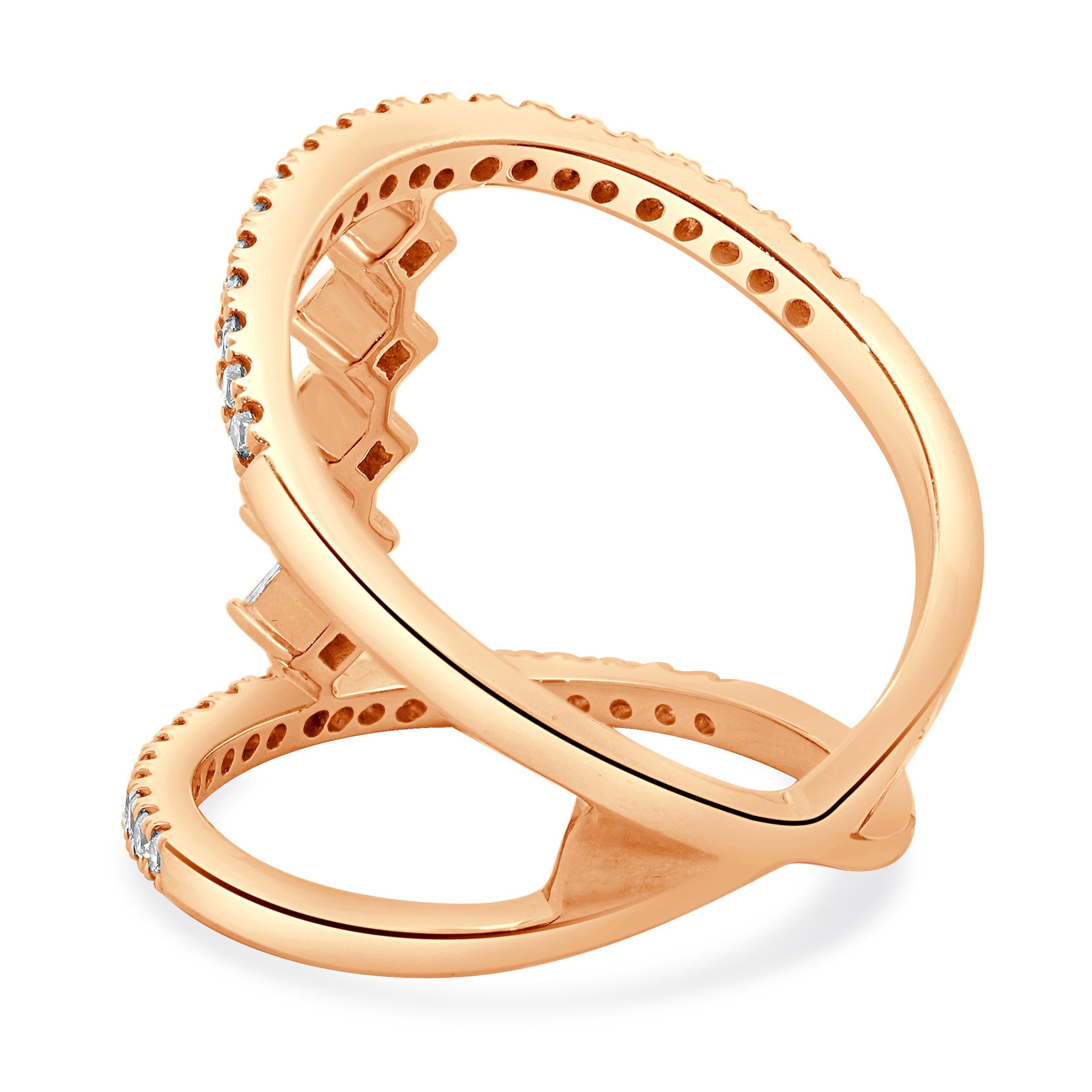 Round Cut 14 Karat Rose Gold Wide Diamond Bar Link Ring For Sale