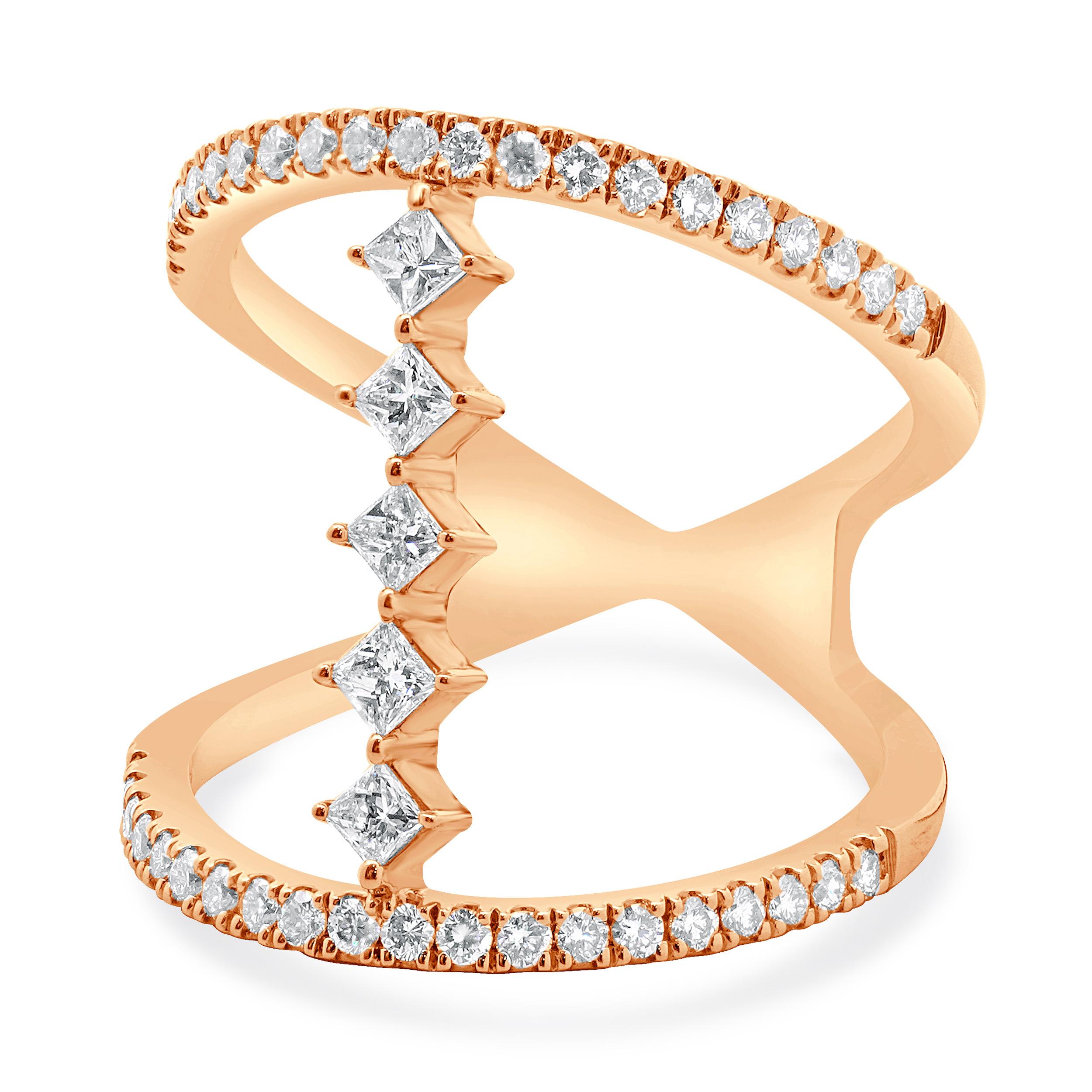 14 Karat Rose Gold Wide Diamond Bar Link Ring In Excellent Condition For Sale In Scottsdale, AZ