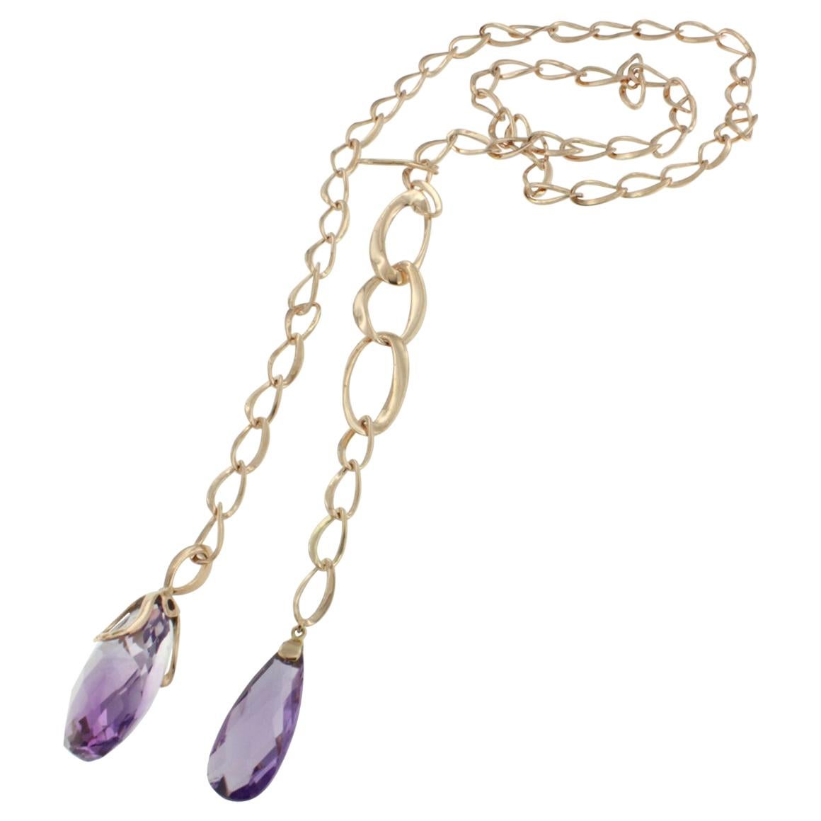 14 Karat Rose Gold with Amethyst Long Necklace For Sale