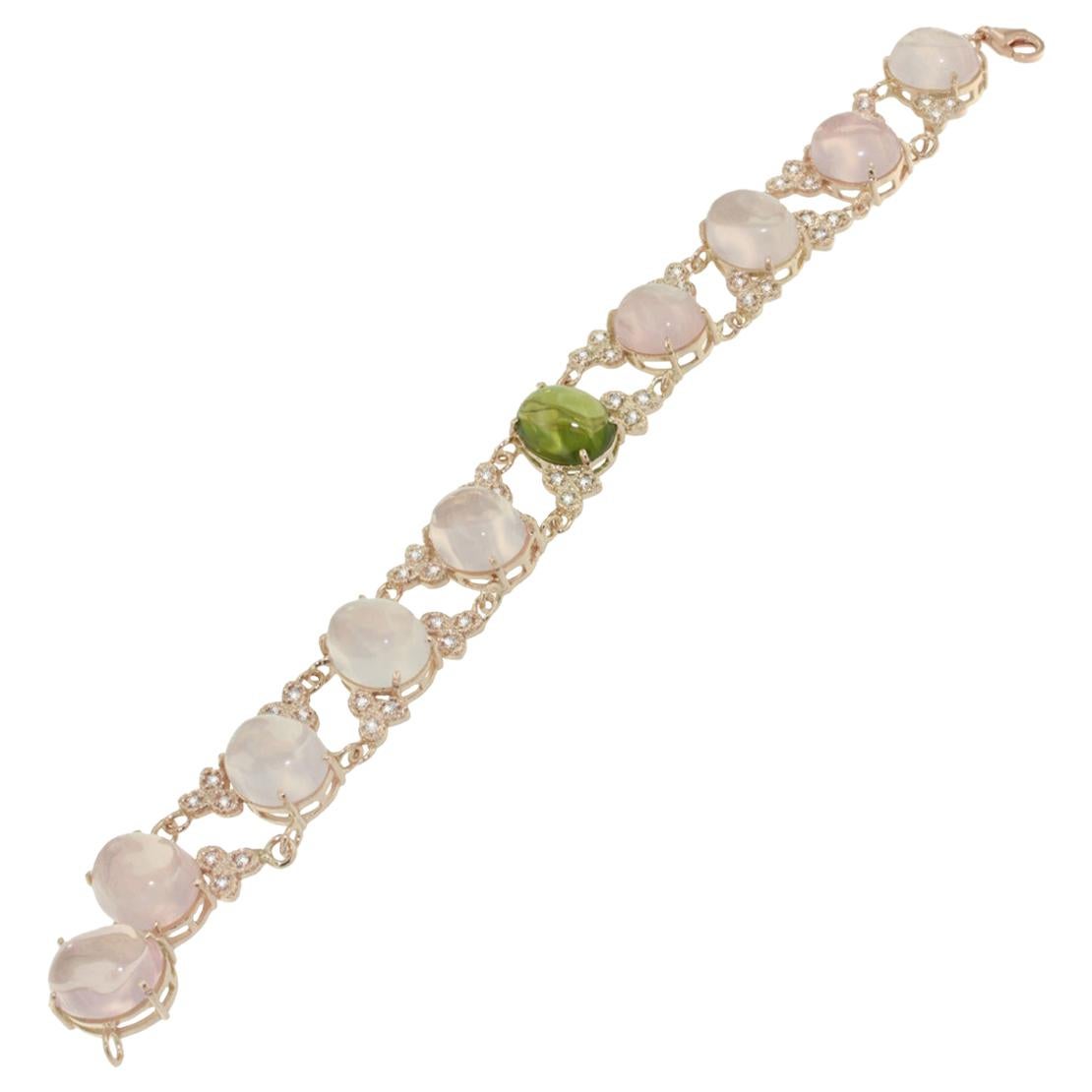 Bracelet en or rose 14 carats avec quartz rose, péridots roses et diamants blancs