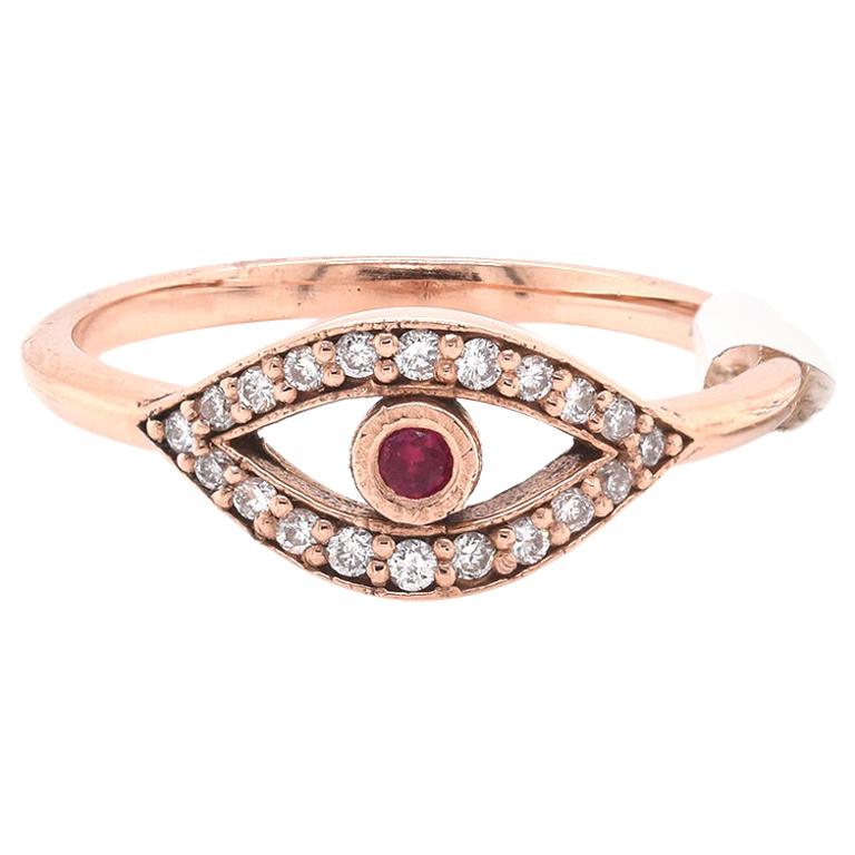 14 Karat Rose Gold Yellow Diamond and Ruby Eye Ring For Sale