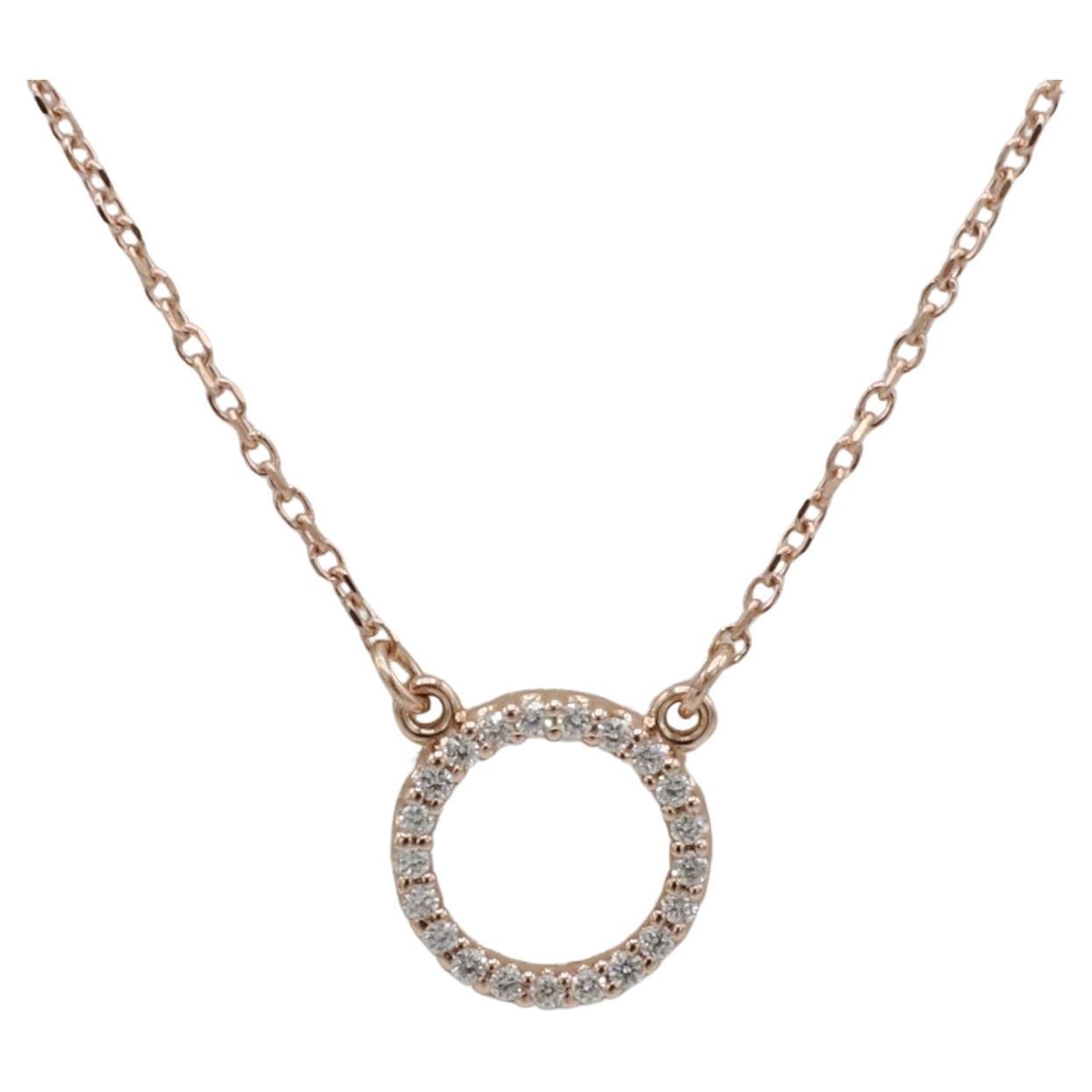 14 Karat Rose Pink Gold Natural Diamond Circle Pendant Necklace  For Sale