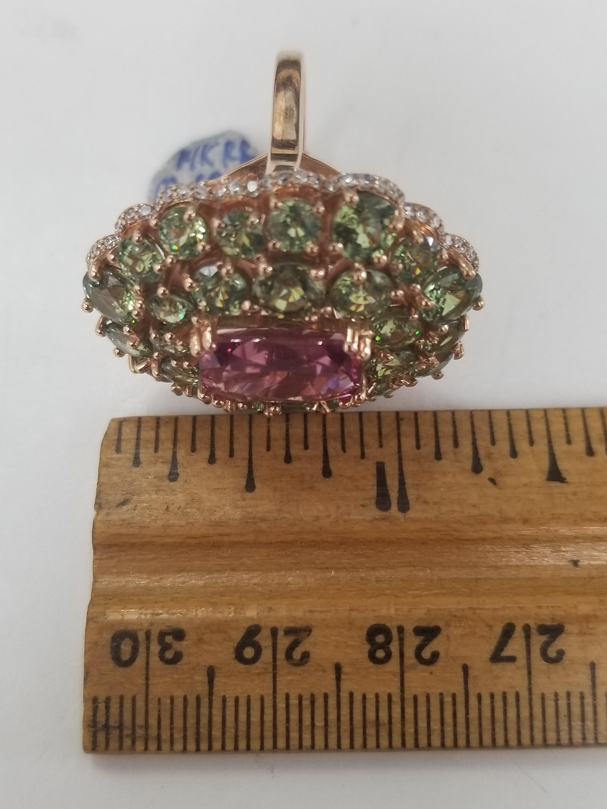 14 Karat Rose Pink Spinel and Demantoid with Diamond Edge Ring 4