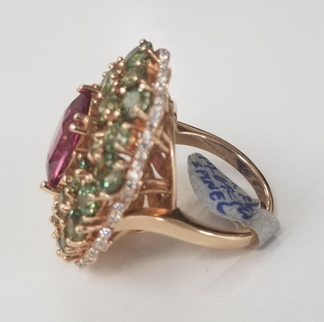 Modern 14 Karat Rose Pink Spinel and Demantoid with Diamond Edge Ring