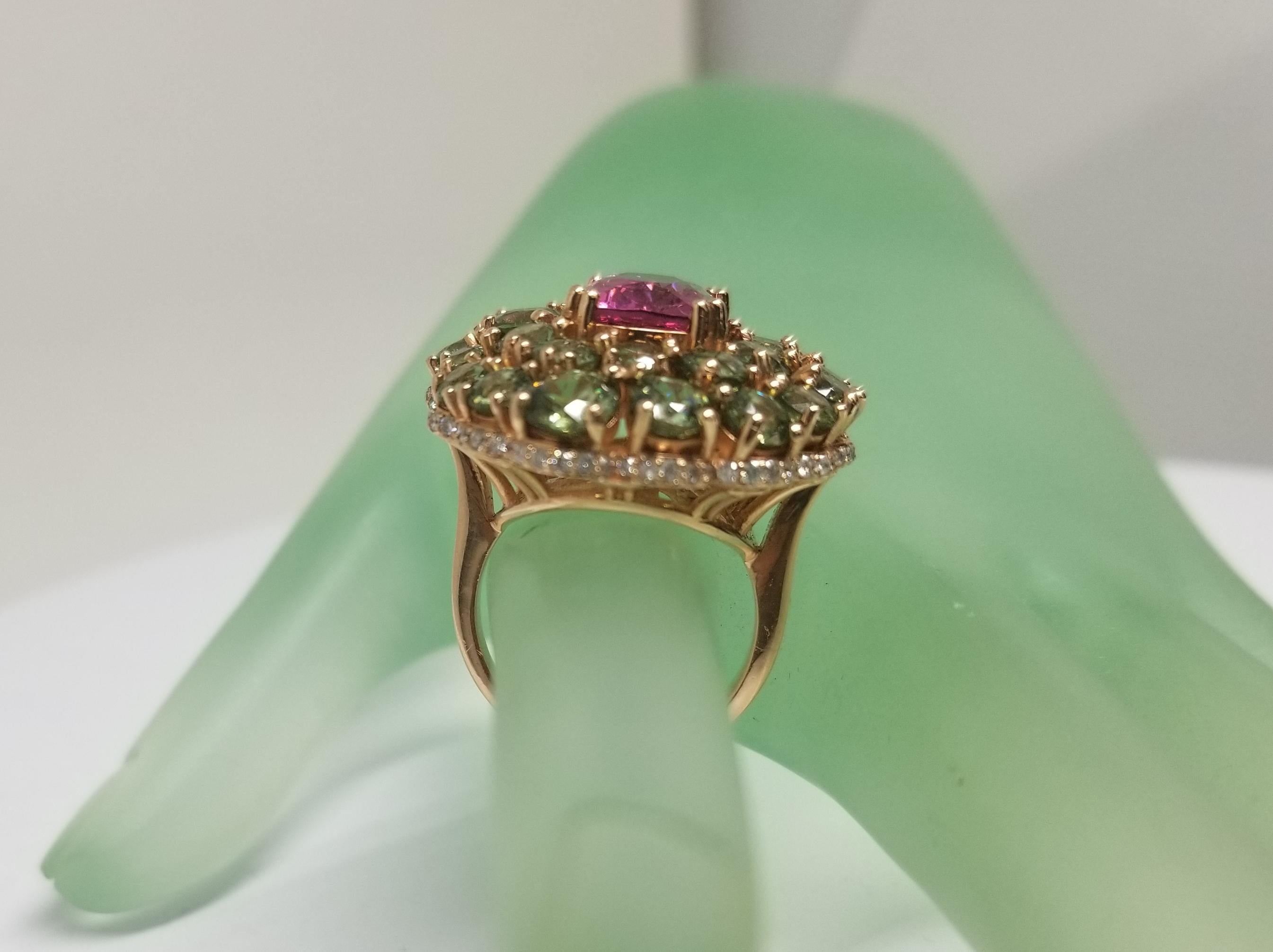 Women's or Men's 14 Karat Rose Pink Spinel and Demantoid with Diamond Edge Ring