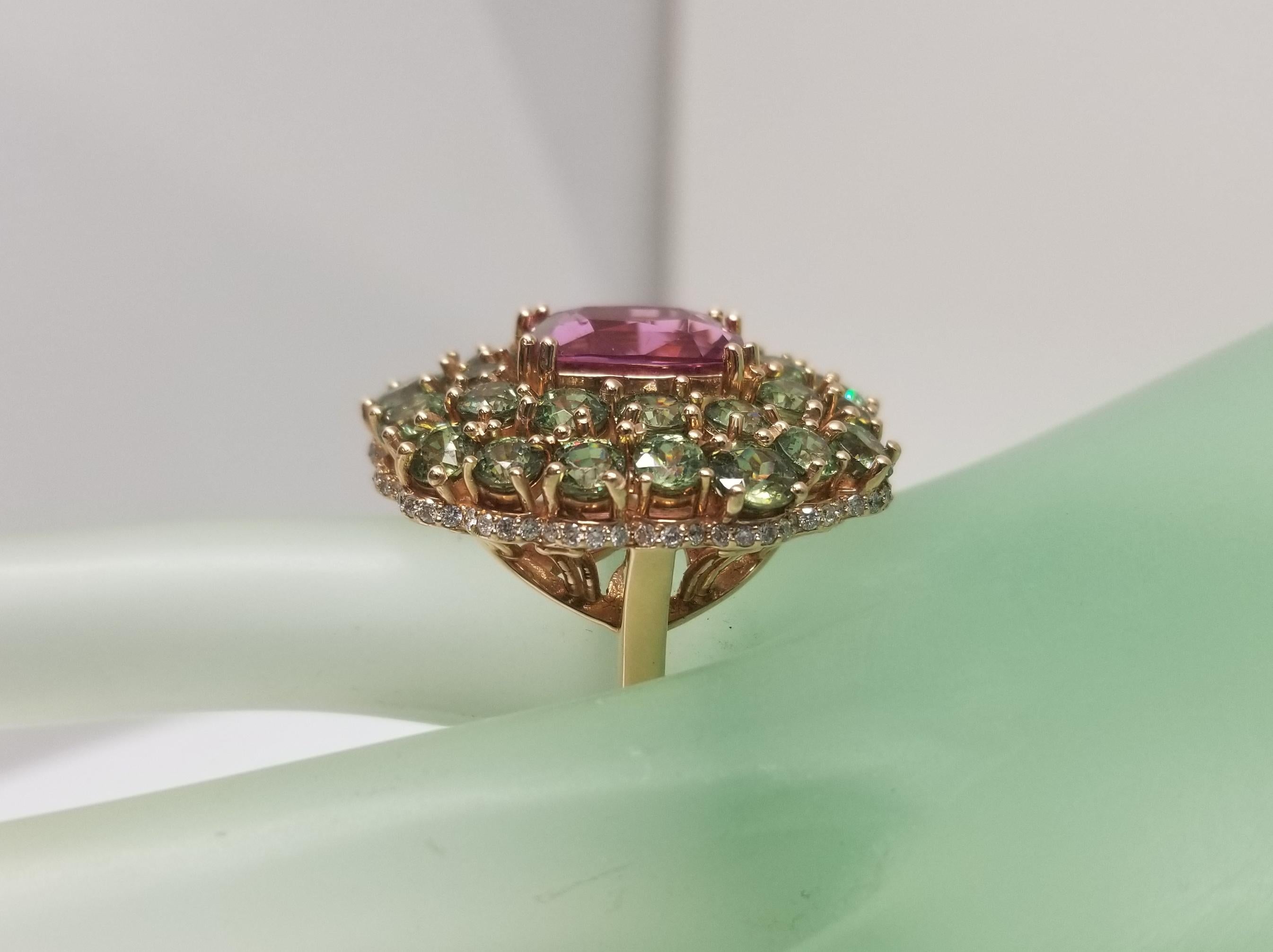 14 Karat Rose Pink Spinel and Demantoid with Diamond Edge Ring 1