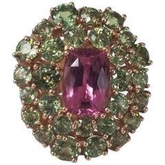 14 Karat Rose Pink Spinel and Demantoid with Diamond Edge Ring 14 Karat Rose Pink Spinel and Demantoid with Diamond Edge Ring