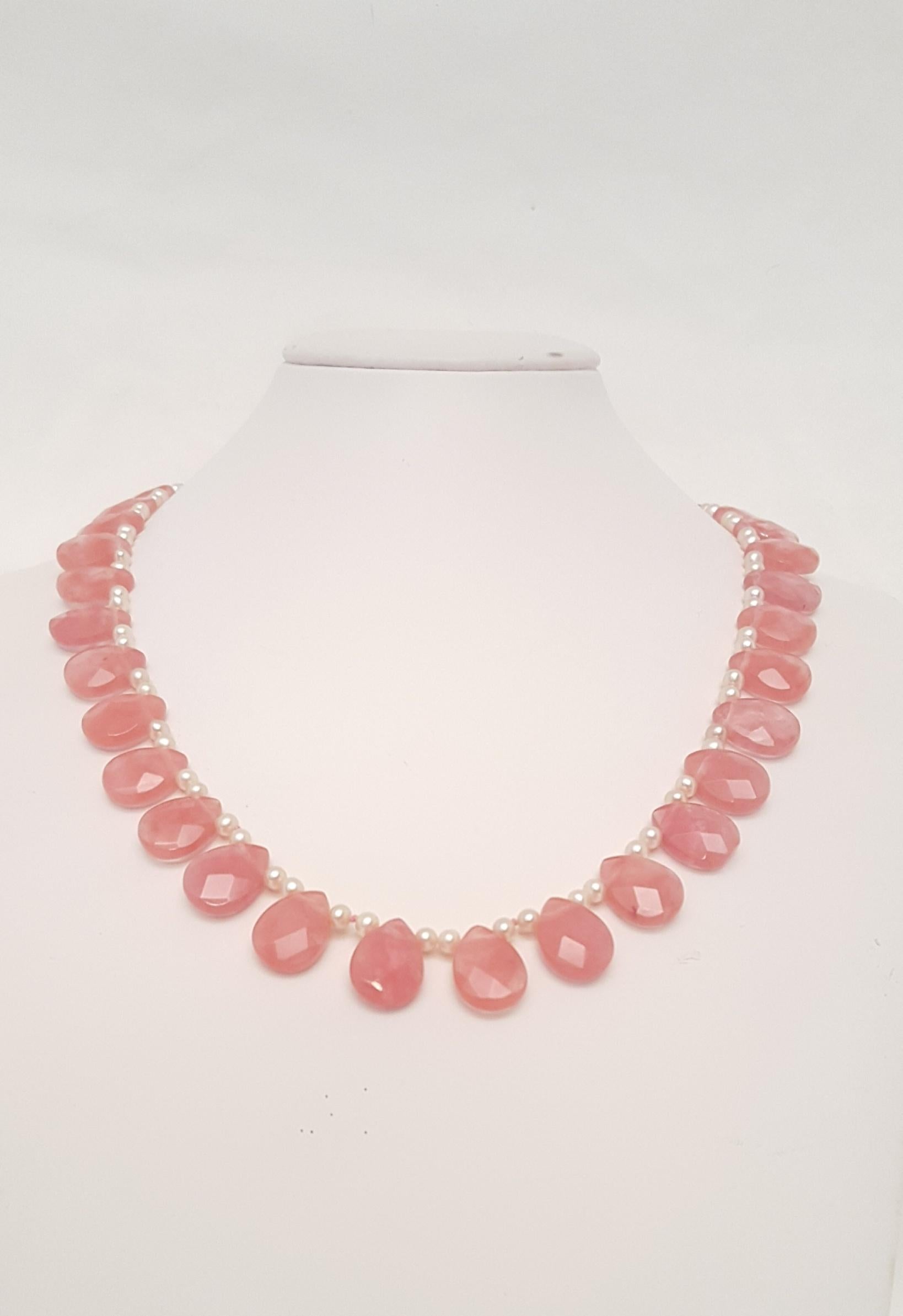 Artisan 14 Karat Rose Quartz Briolette and Pink Hue Pearl Necklace For Sale