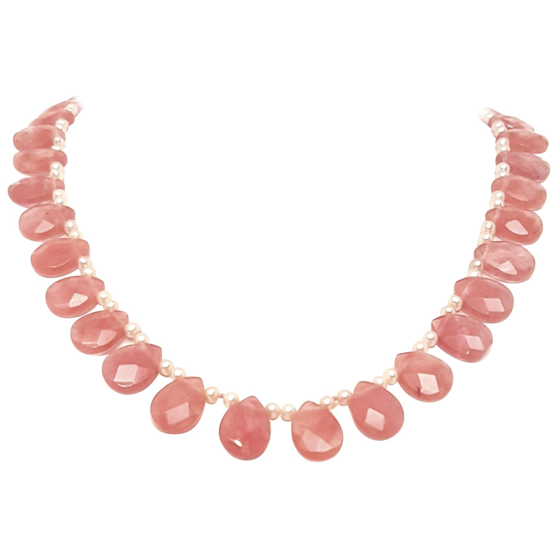 14 Karat Rose Quartz Briolette and Pink Hue Pearl Necklace For Sale
