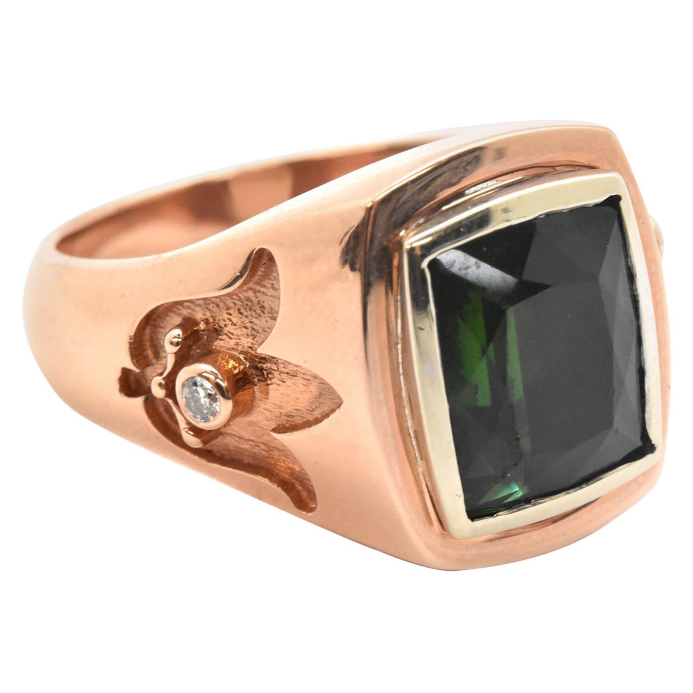 14 Karat Rose/White Gold And Faceted Green Tourmaline Ring