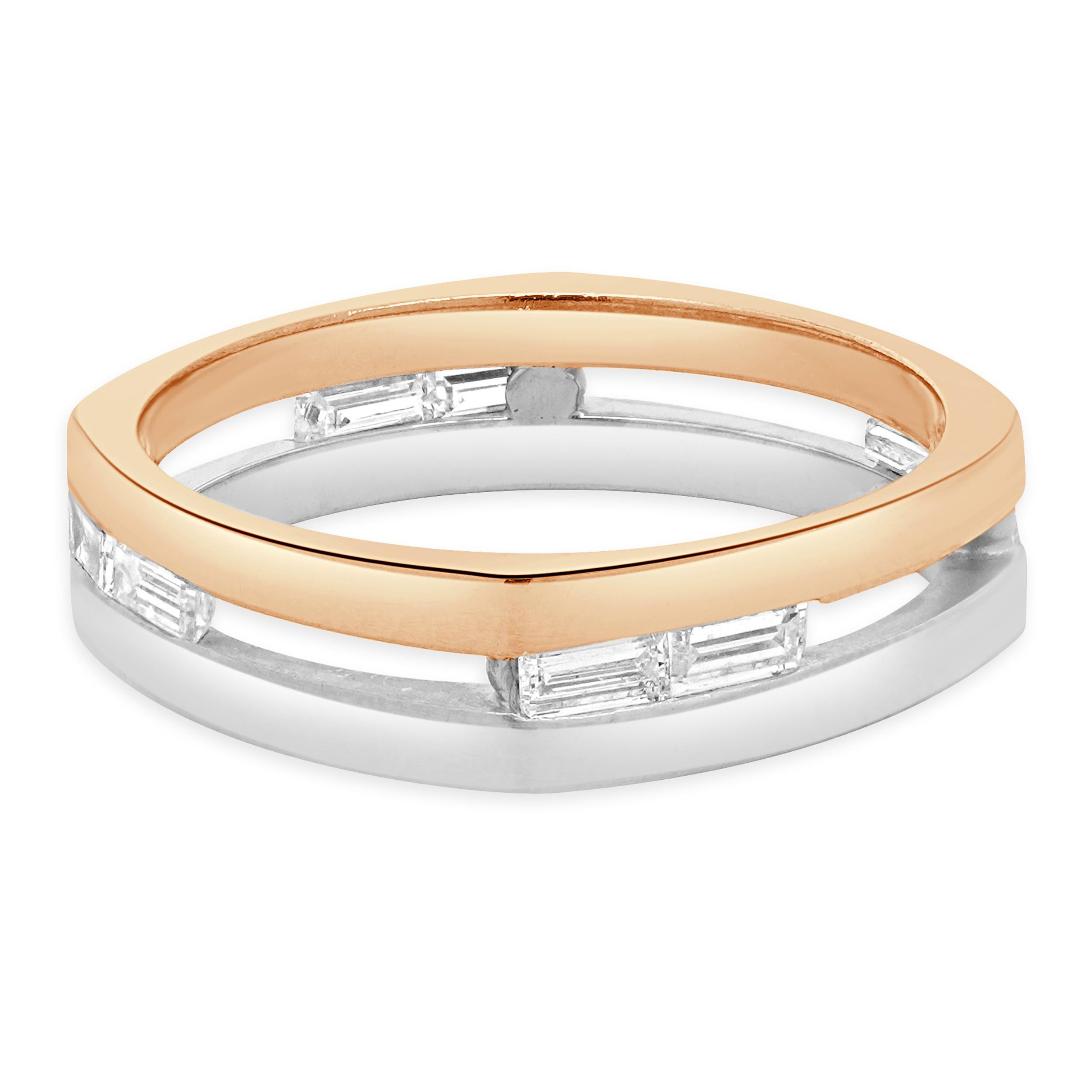 Designer: custom
Material: 14K white & rose gold
Diamond: 8 baguette cut = 0.80cttw
Color: G/H
Clarity: SI1
Dimensions: ring top measures 6.1mm wide
Size: 12
Weight: 6.73 grams
