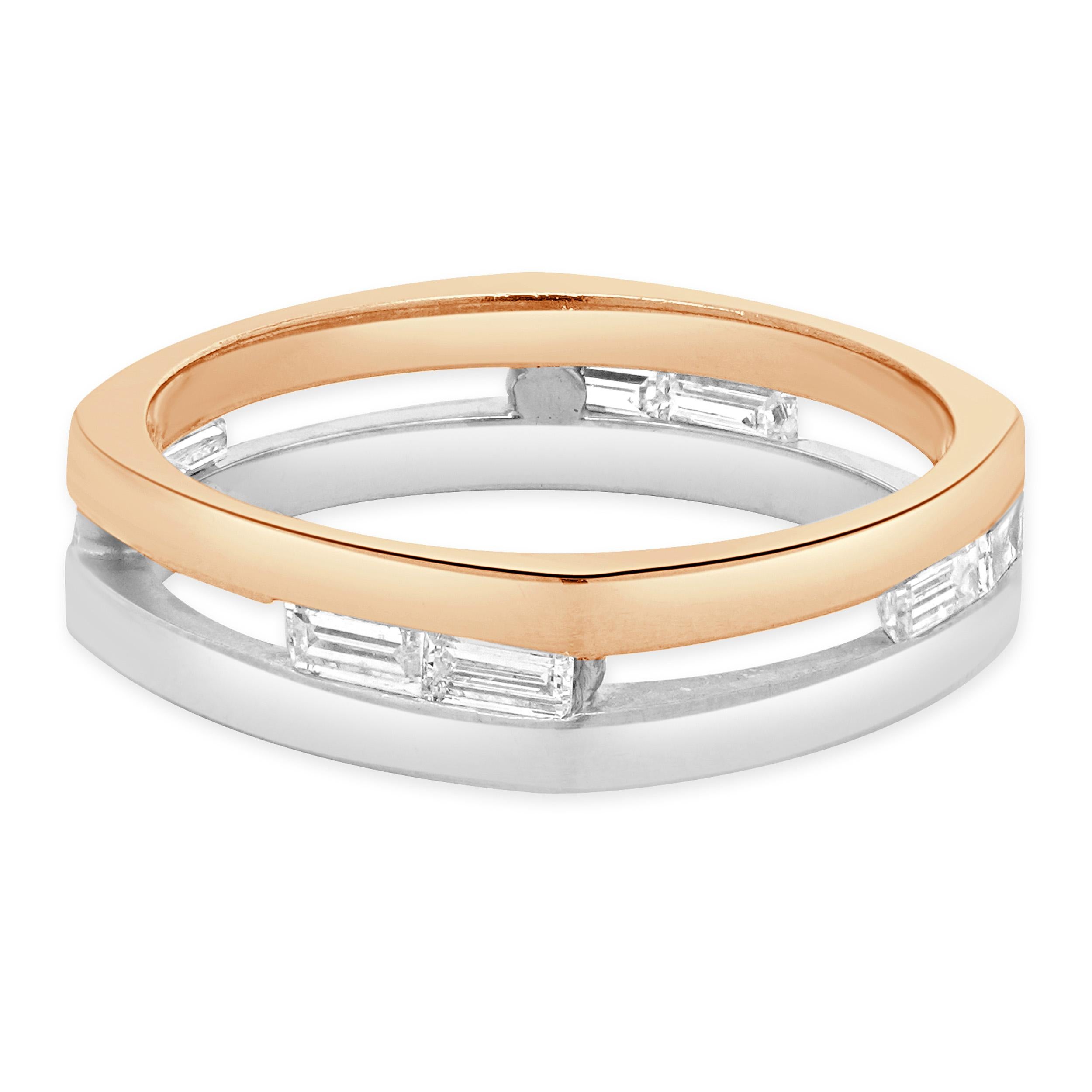 Women's or Men's 14 Karat Rose & White Gold Channel Set Baguette Cut Diamond Ring For Sale