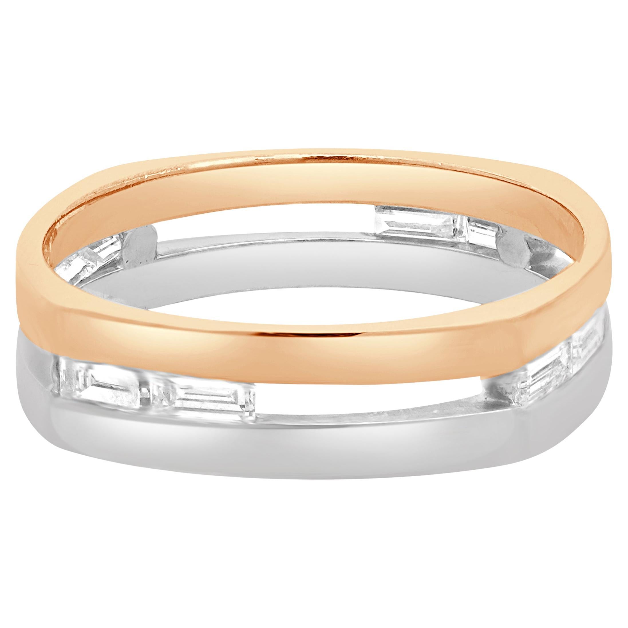 14 Karat Rose & White Gold Channel Set Baguette Cut Diamond Ring For Sale