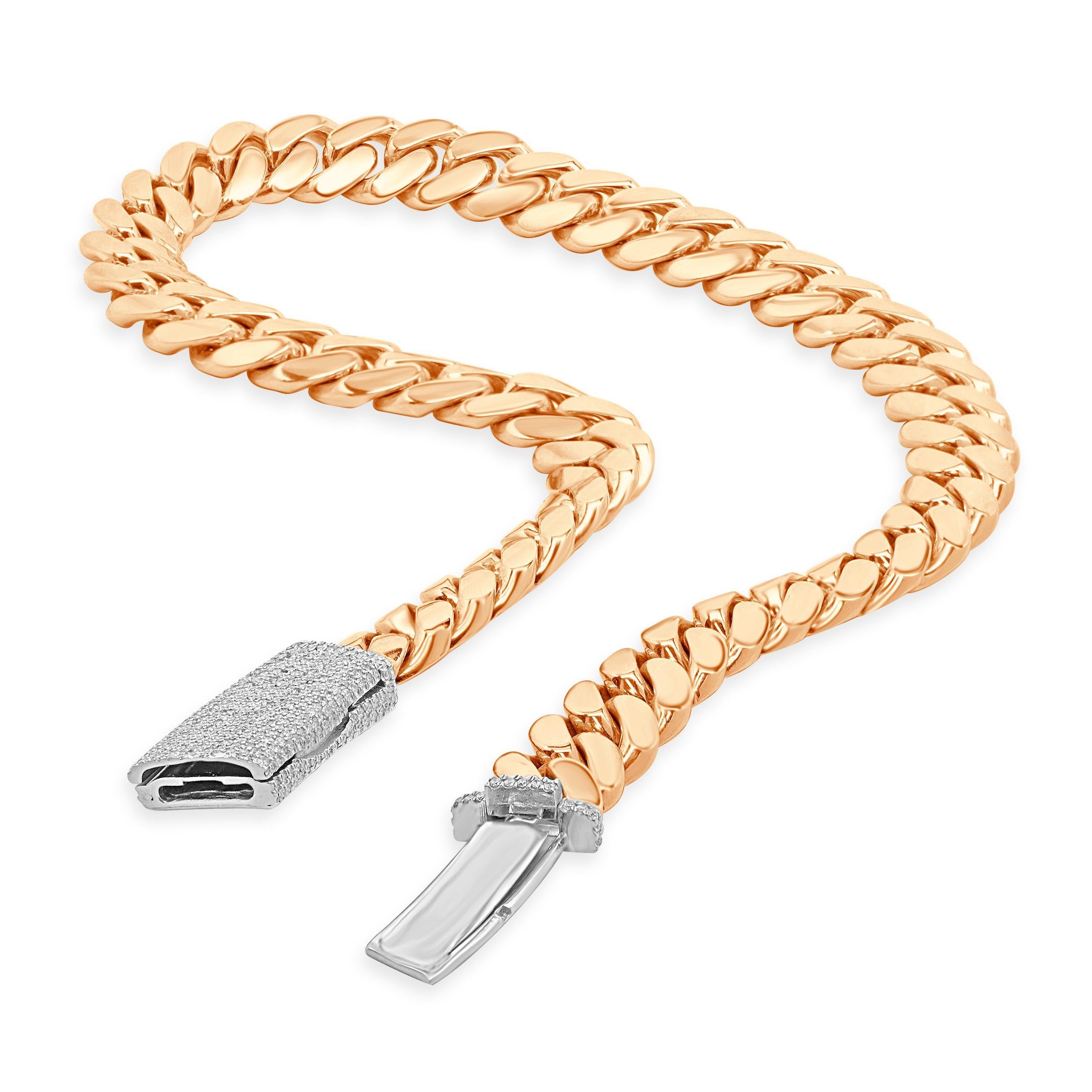 Cadena de eslabones cubana de oro rosa y blanco de 14 quilates con cierre de diamantes pavé en Excelente estado para la venta en Scottsdale, AZ