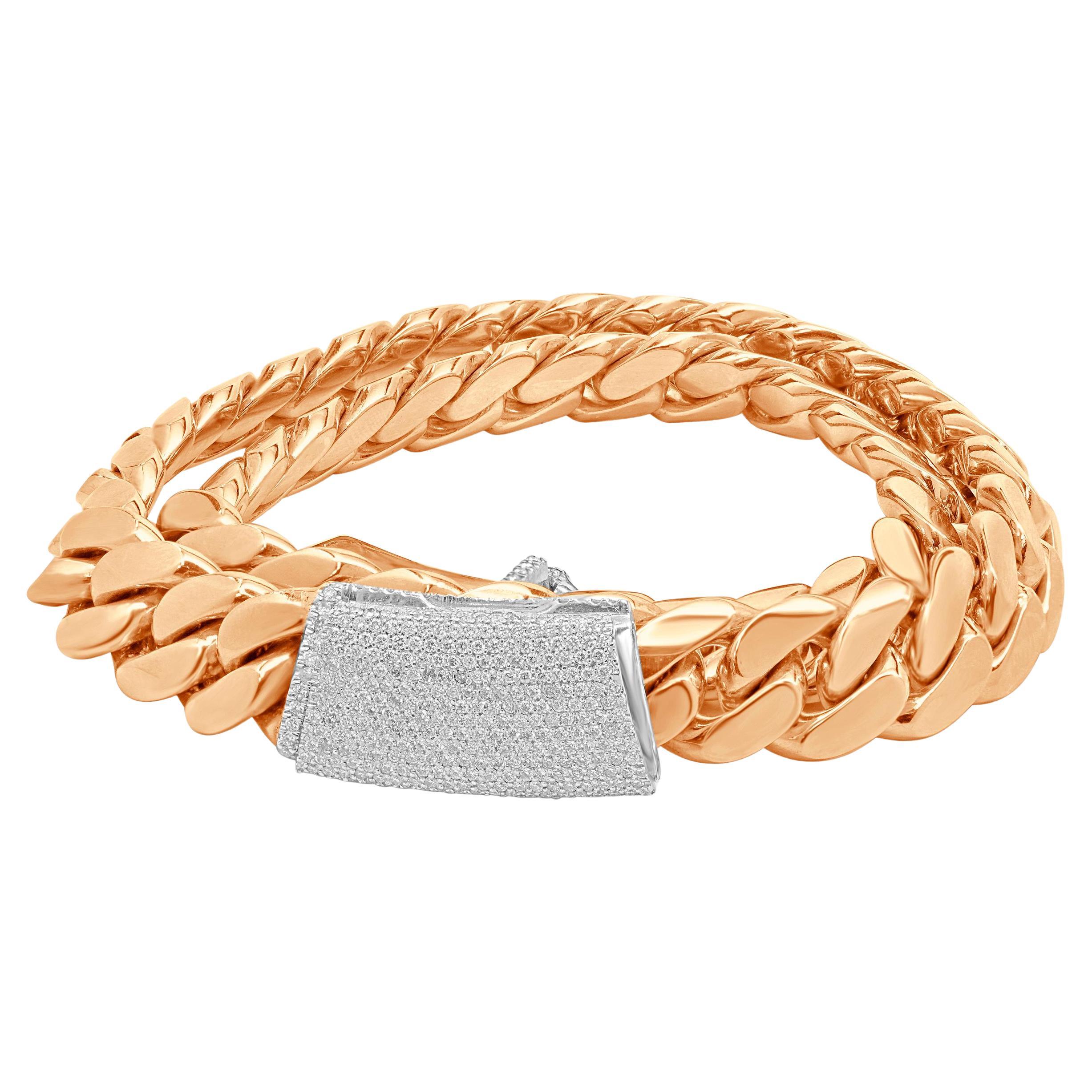 Catena a maglie cubane in oro rosa e bianco 14 carati con chiusura con diamanti Pave