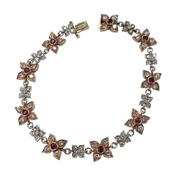 14 Karat Rose-White Gold Ruby and Diamond Floral Bracelet For Sale at ...
