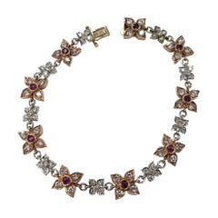 14 Karat Rose-White Gold Ruby and Diamond Floral Bracelet
