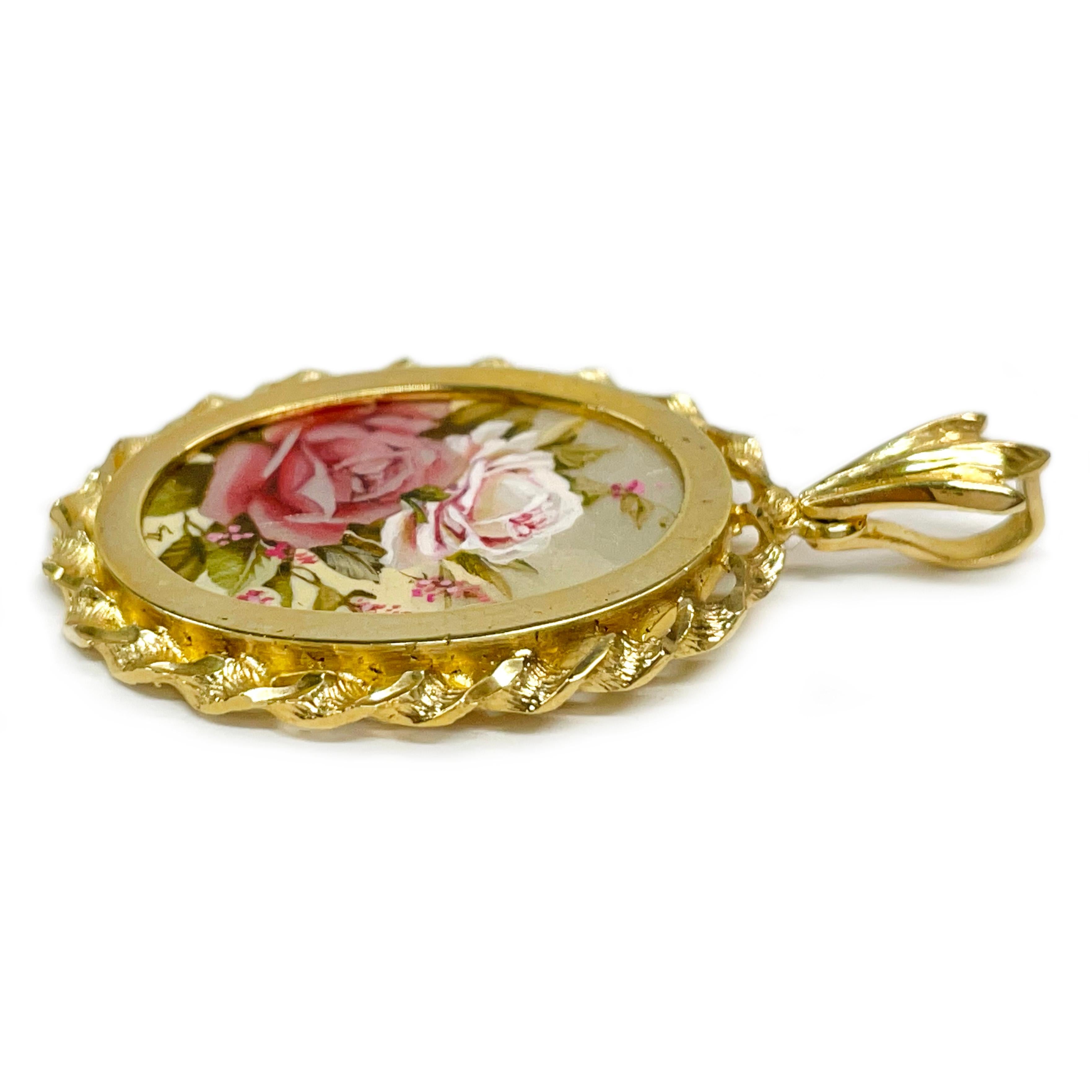 Contemporary 14 Karat Roses Masterpiece Hand Painted MOP Pendant #0679 For Sale