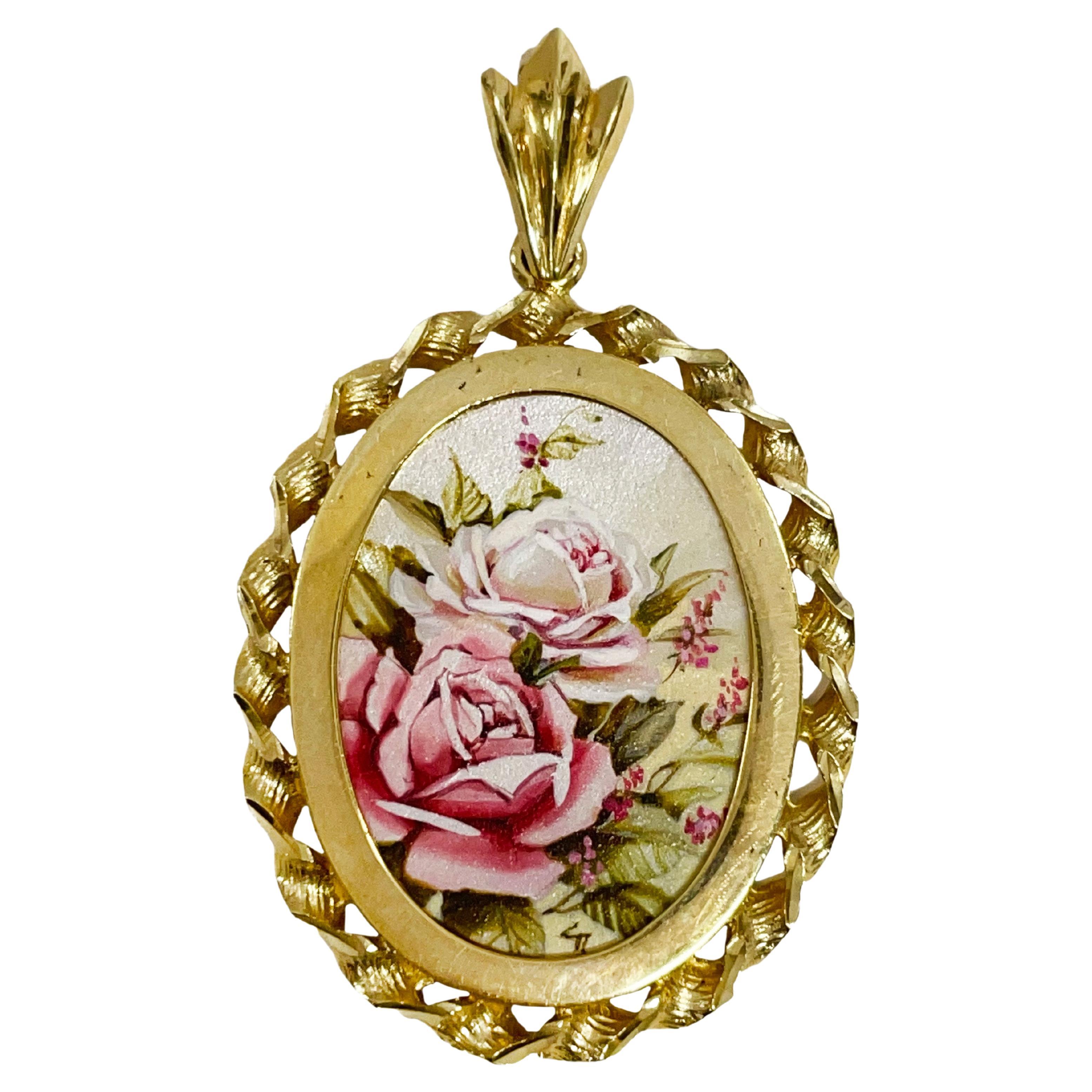 Pendentif chef-d'œuvre MOP orné de roses 14 carats peint à la main n°0679