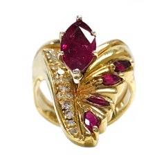 14kt Yellow Gold Retro Ruby Diamond Cocktail Ring, 1980s, USA