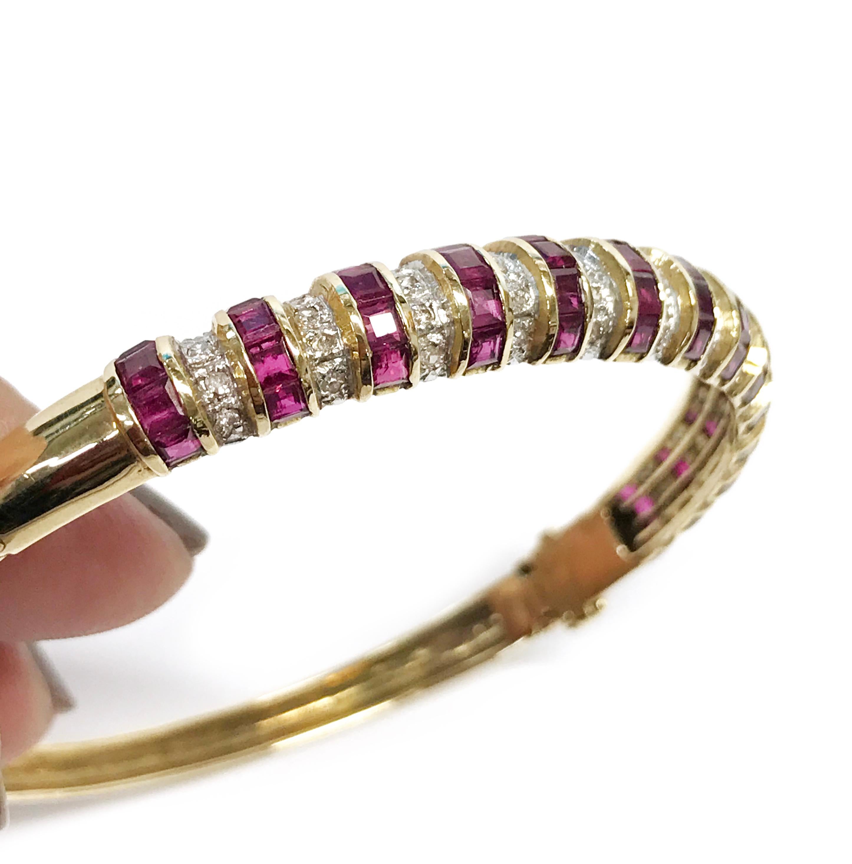 Contemporary 14 Karat Ruby Diamond Gold Bangle Bracelet