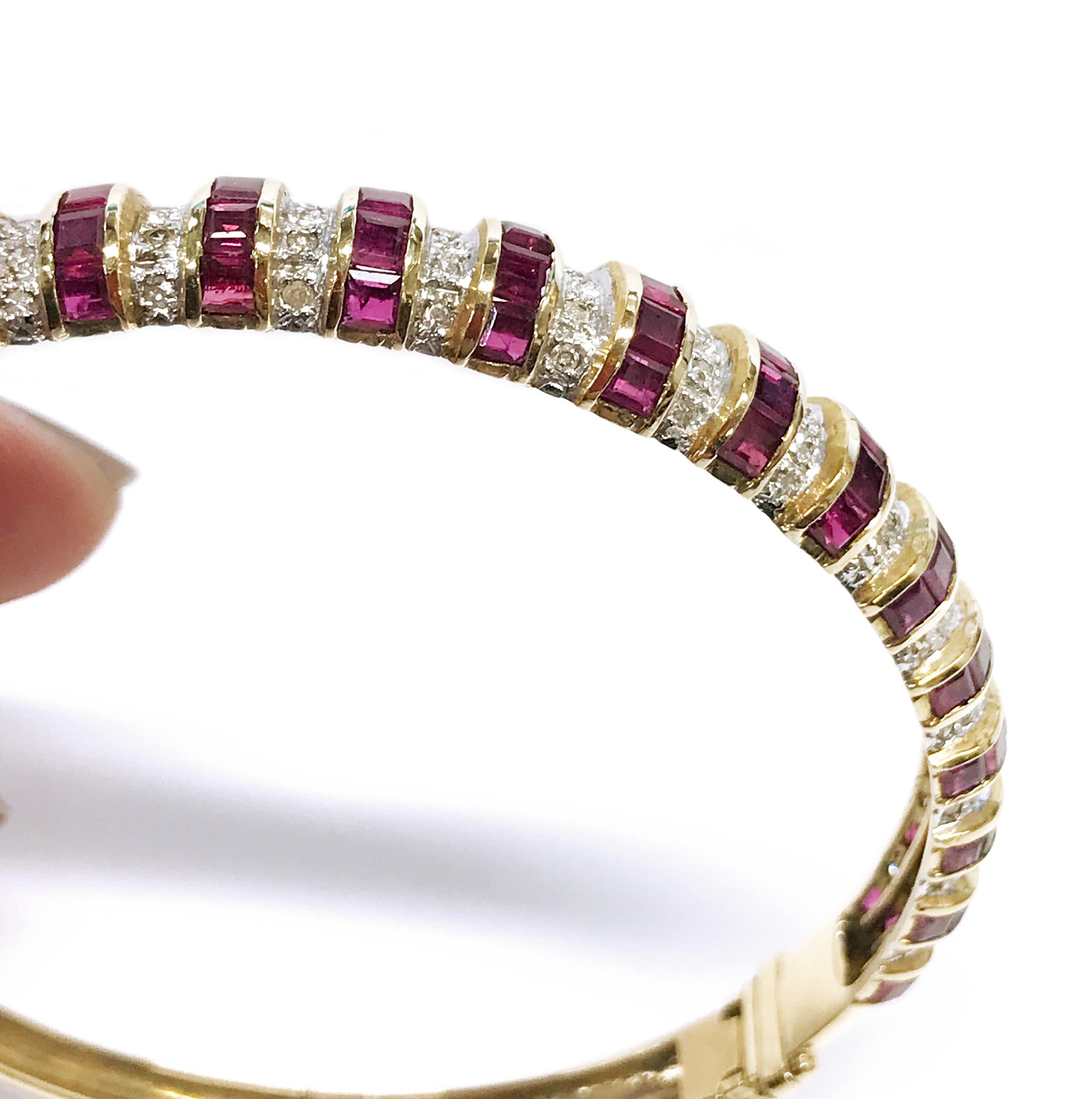 Princess Cut 14 Karat Ruby Diamond Gold Bangle Bracelet