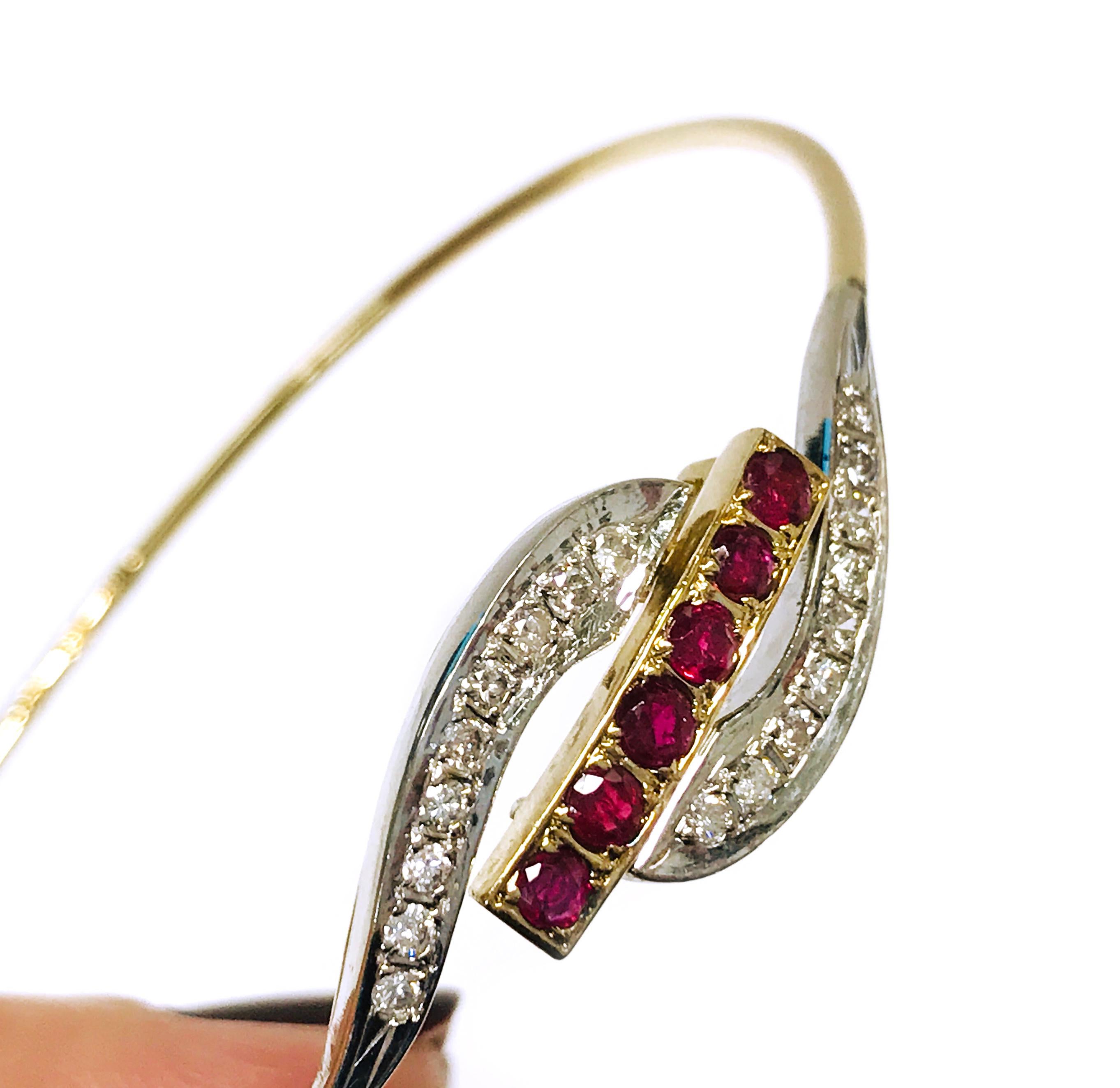 Contemporary 14 Karat Ruby Diamond Wire Bangle Bracelet For Sale