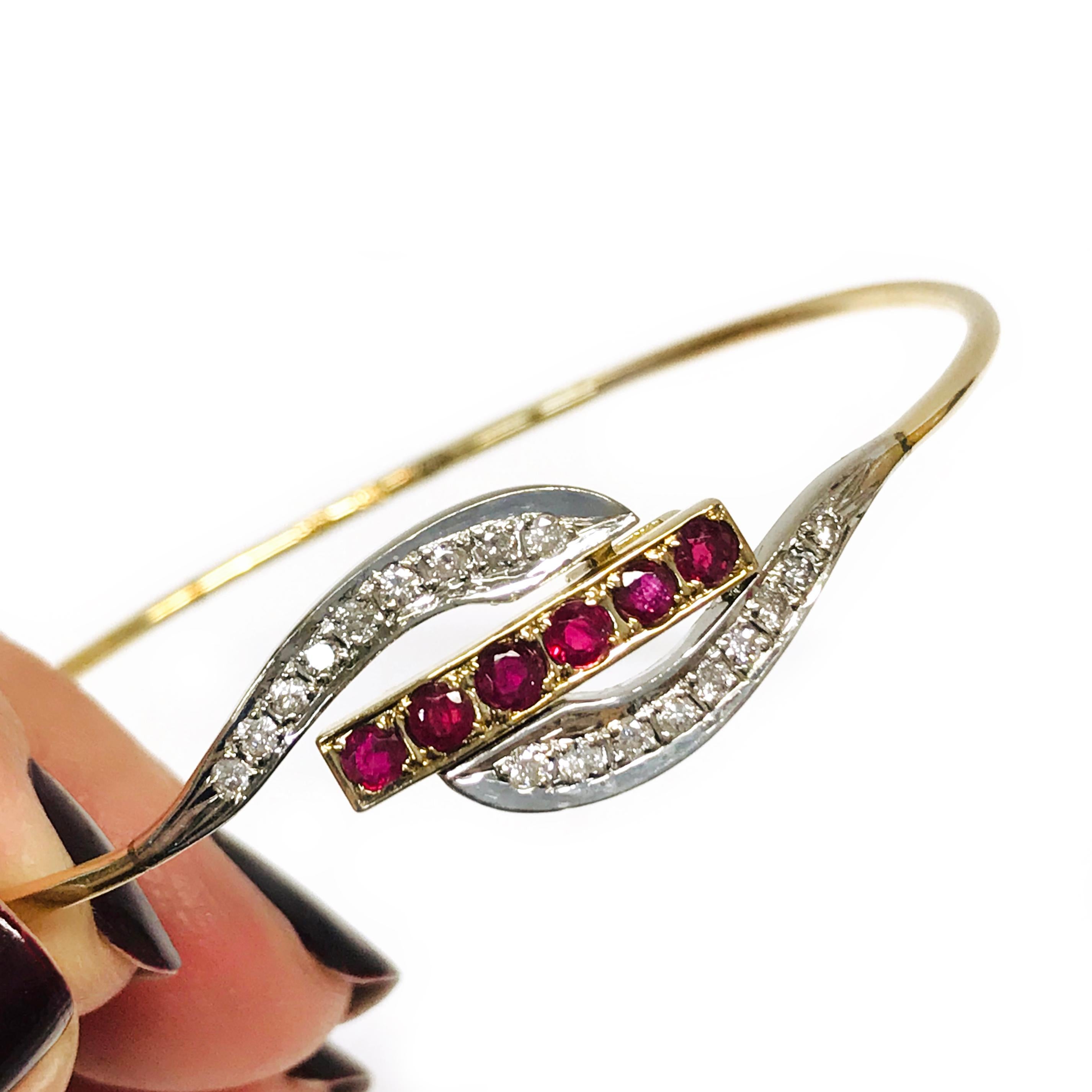 Round Cut 14 Karat Ruby Diamond Wire Bangle Bracelet For Sale