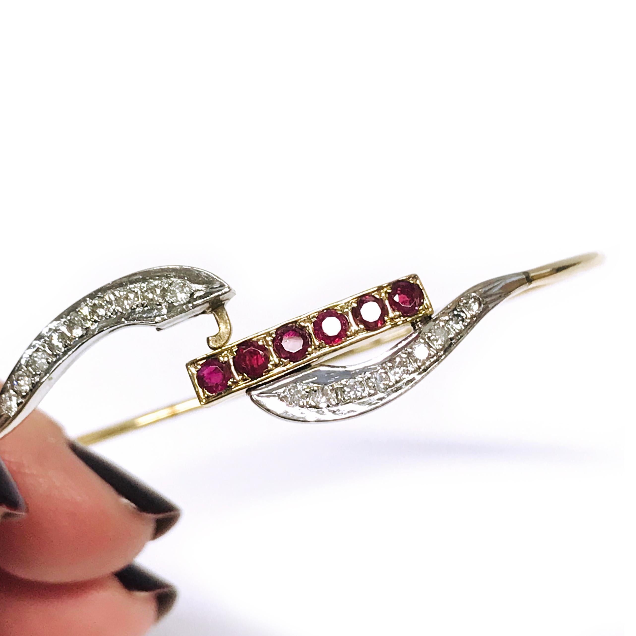 14 Karat Ruby Diamond Wire Bangle Bracelet In Good Condition For Sale In Palm Desert, CA