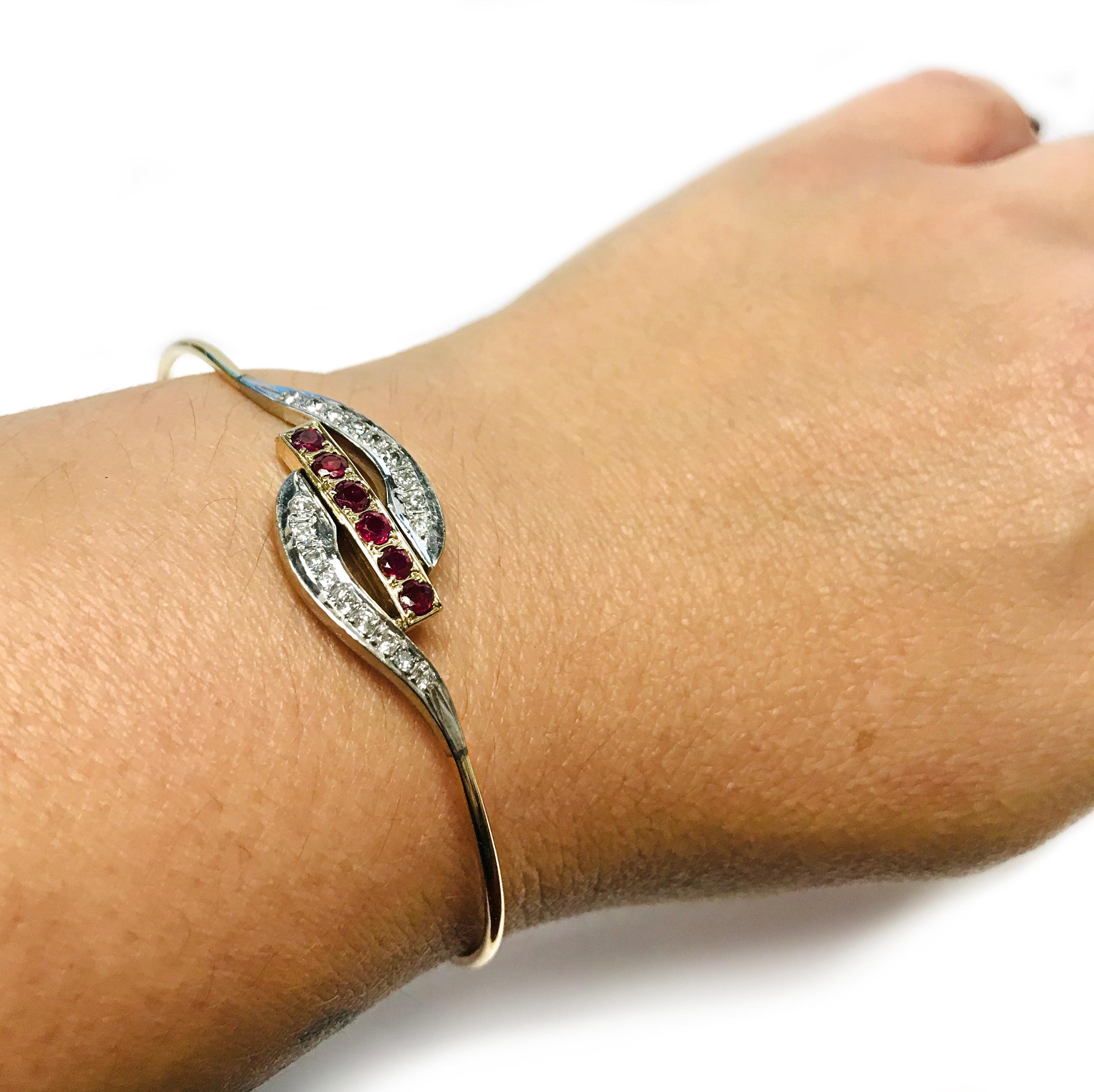 14 Karat Ruby Diamond Wire Bangle Bracelet For Sale 3