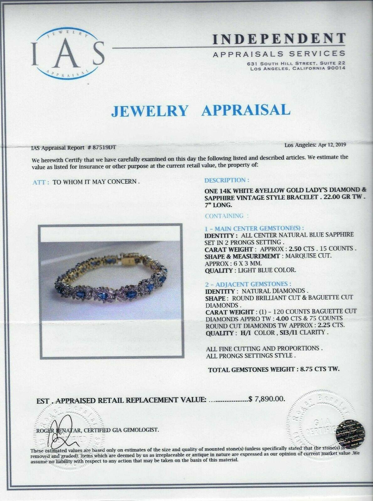 14 Karat Sapphire and Diamond Bracelet 8.75 Carat Total Weight 4