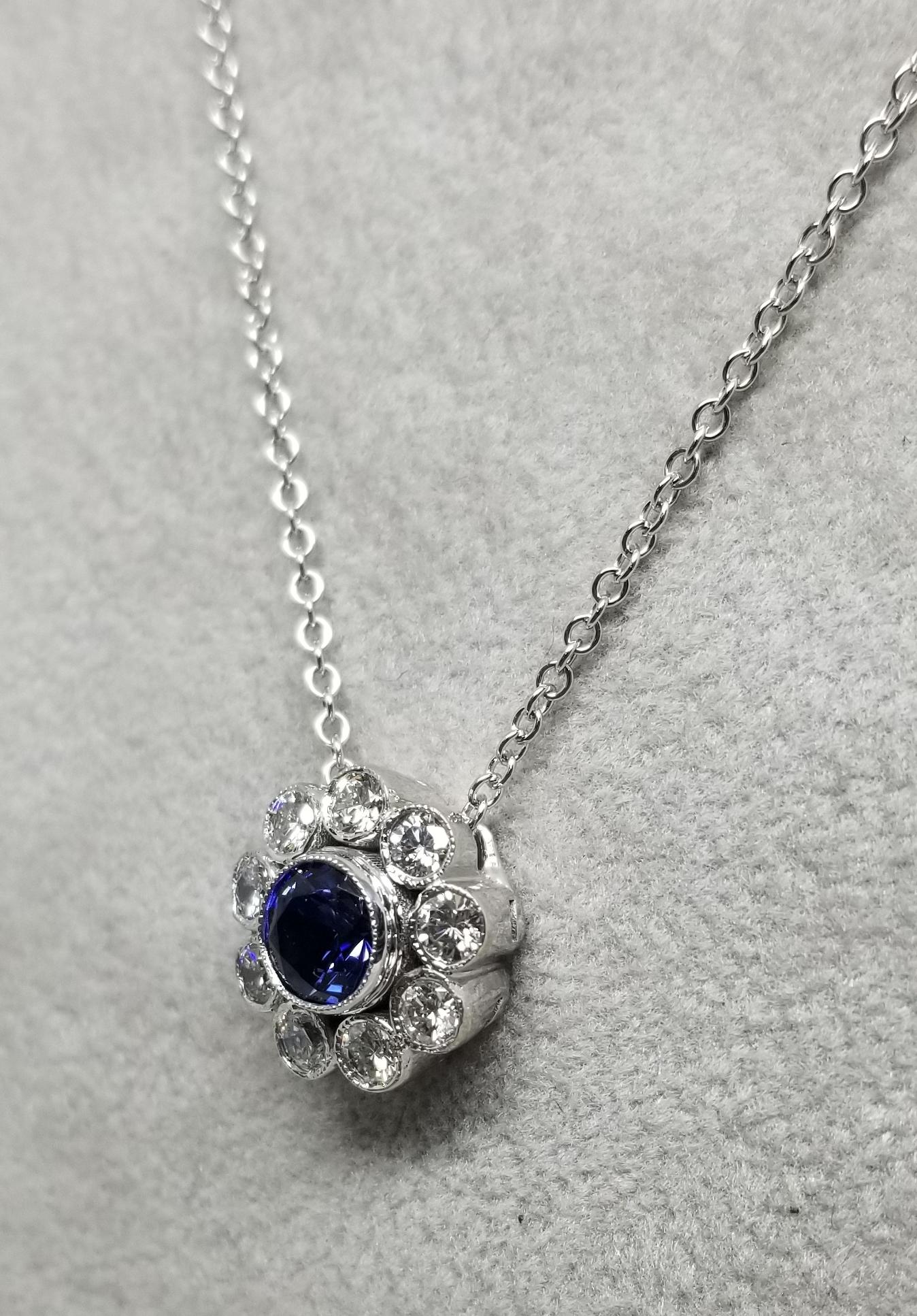 Round Cut 14 Karat Sapphire and Diamond Halo Pendant For Sale