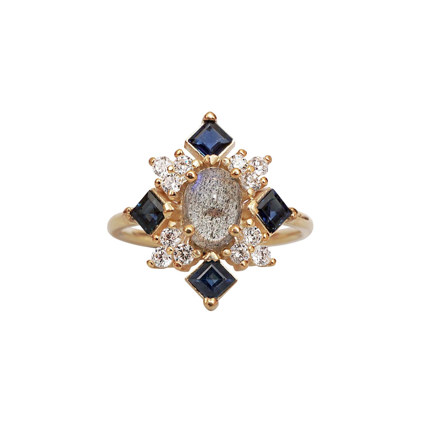 14 Karat Sapphire Oval Labradorite Diamond Ring, Yellow Gold For Sale