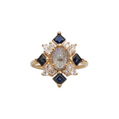 14 Karat Sapphire Oval Labradorite Diamond Ring, Yellow Gold