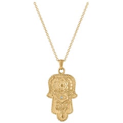 14 Karat Solid Gold, Accent Diamond Hamsa Pendant, on a Solid Gold Chain