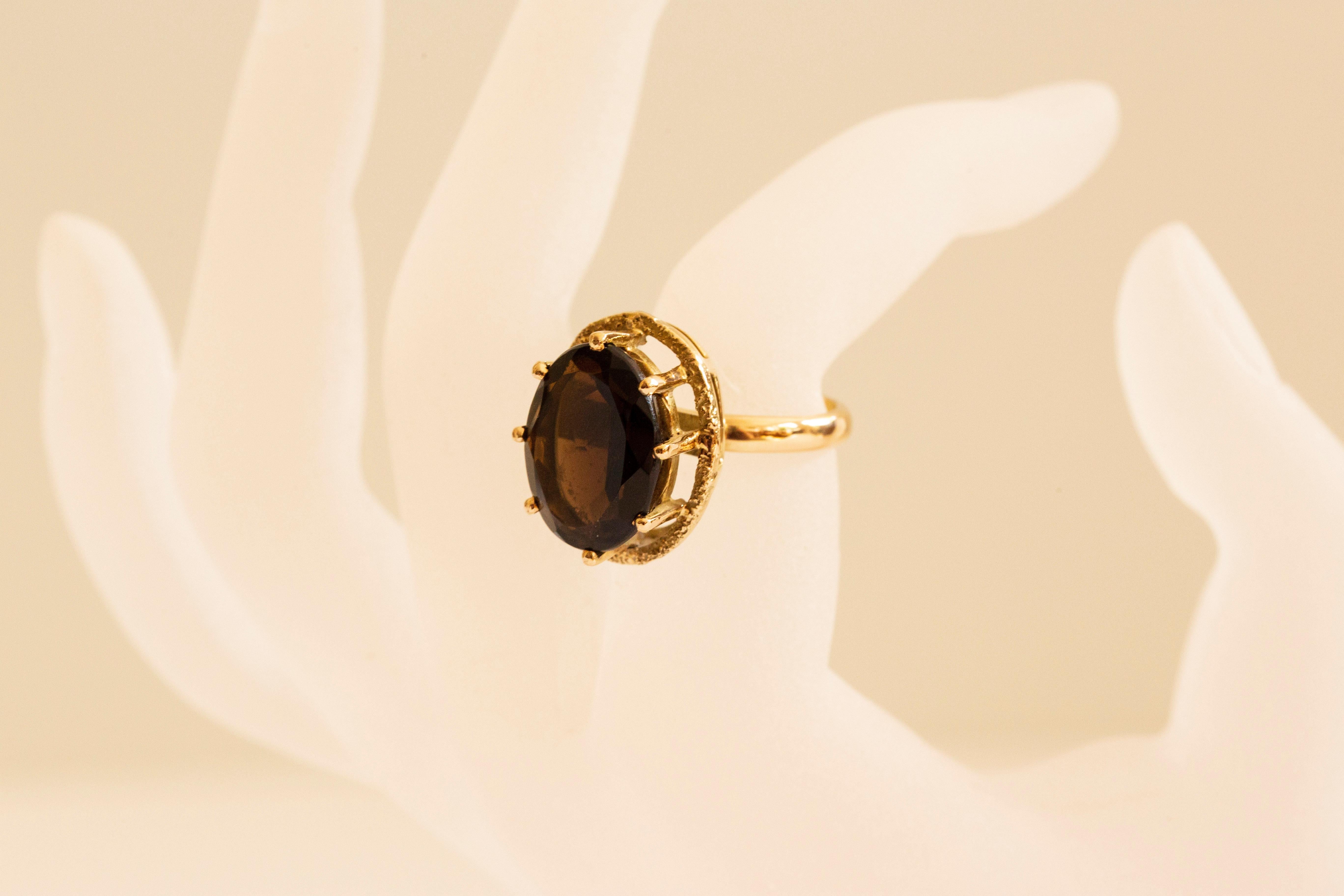 Women's or Men's 14 Karat Solid Gold and Faceted Smoky Quartz Cocktail Ring  For Sale