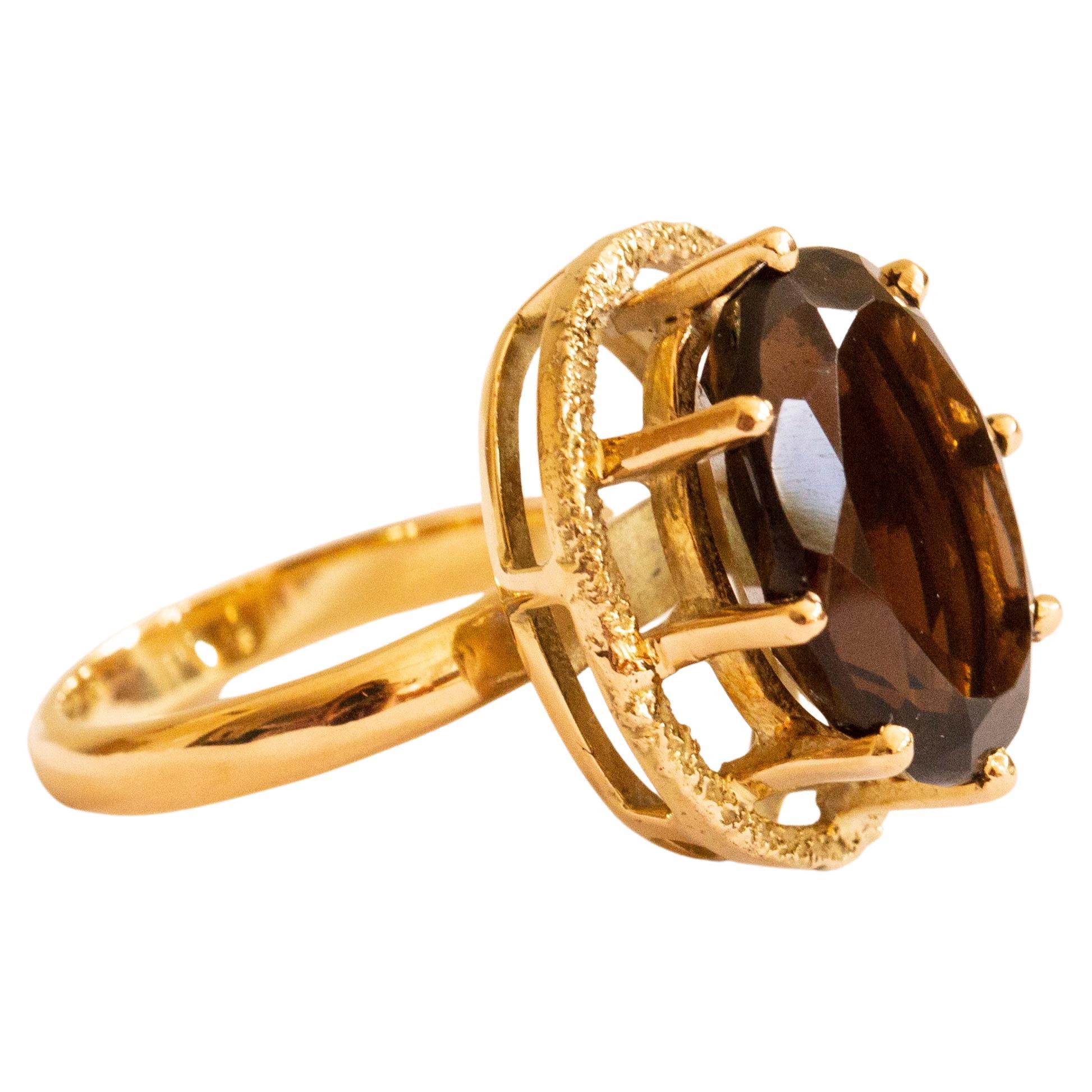 14 Karat Solid Gold and Faceted Smoky Quartz Cocktail Ring  For Sale