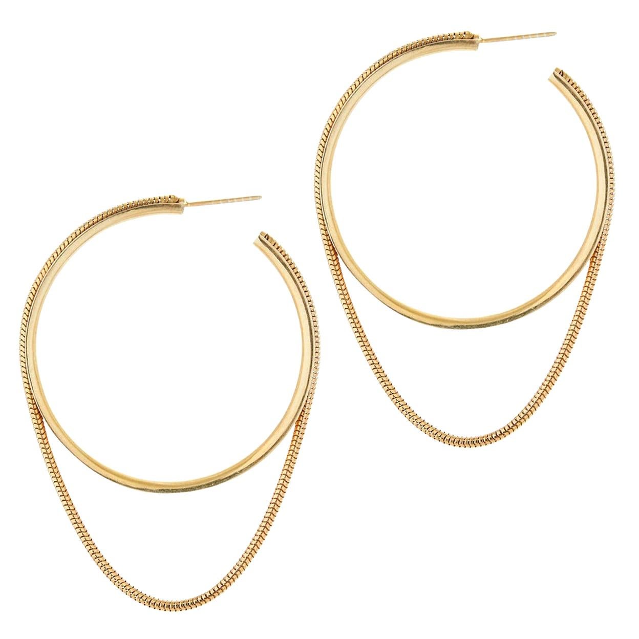 14 Karat Solid Gold Hoops Medium Minimal Round with Snake Chain Greek