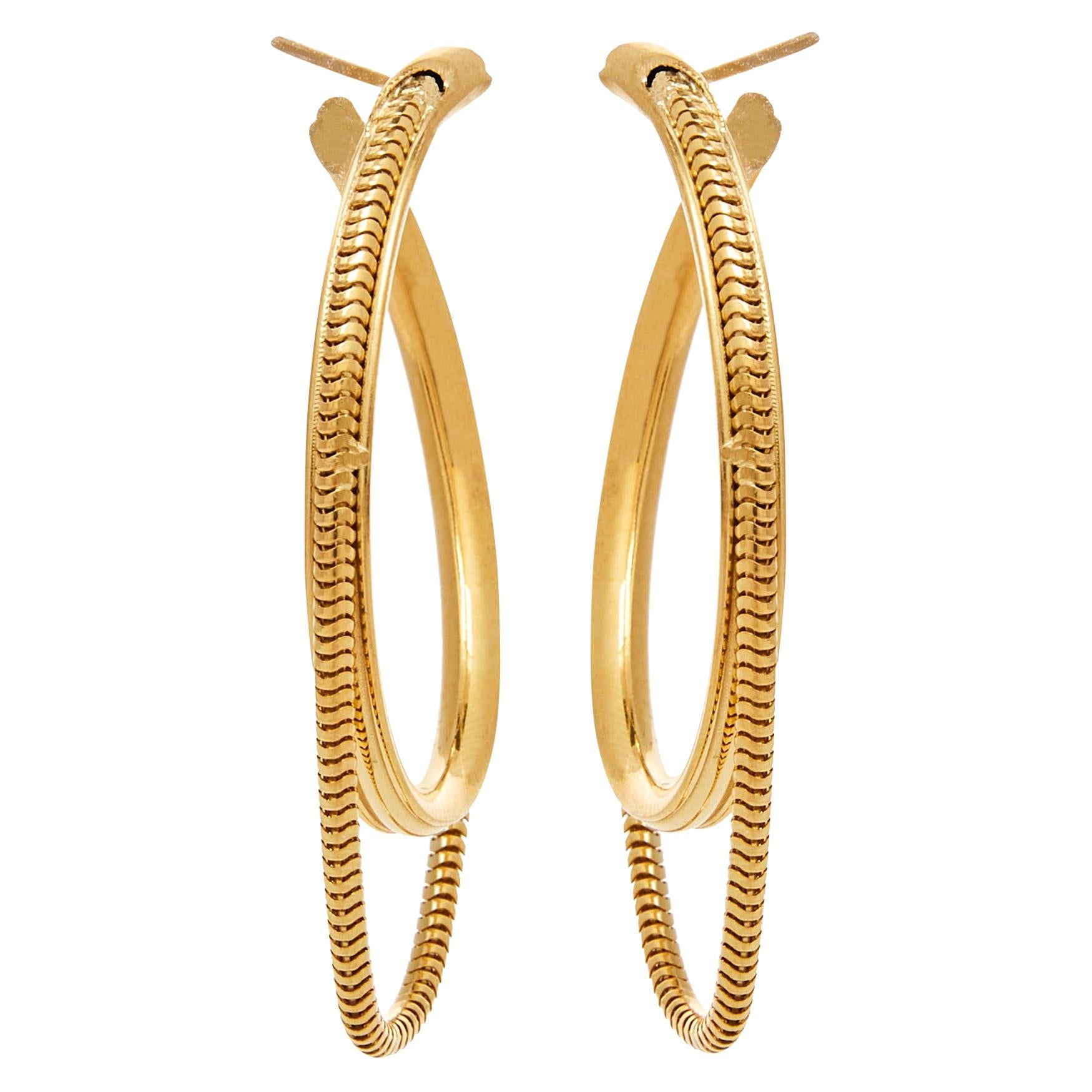 14 Karat Solid Gold Hoops Medium Minimal Round with Snake Chain Greek Earrings For Sale