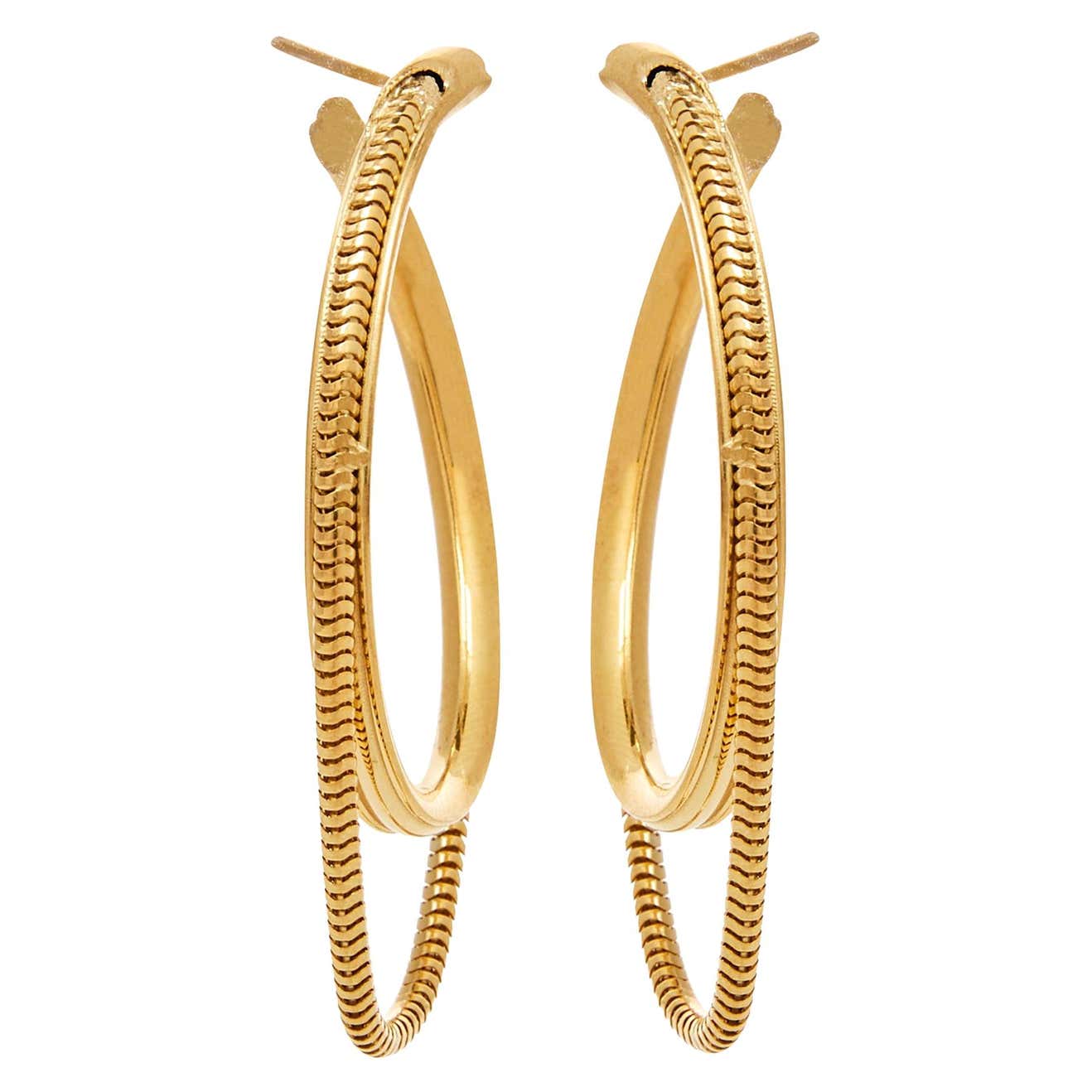 14 Karat Solid Gold Hoops Medium Minimal Round with Snake Chain Greek